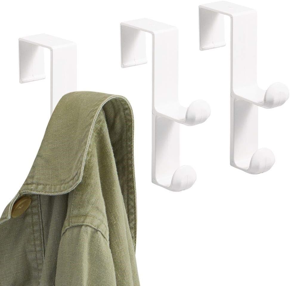 Set of 3 White Plastic Dual Hook Hangers for Coats, Jackets, Hats, Robes, Towels - Over the Door Organizer for Bathroom, Bedroom, Mudroom by InterDesign iDesign