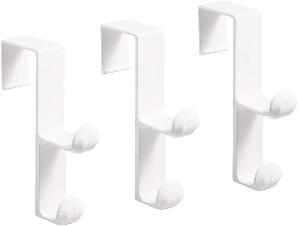 Set of 3 White Plastic Dual Hook Hangers for Coats, Jackets, Hats, Robes, Towels - Over the Door Organizer for Bathroom, Bedroom, Mudroom by InterDesign iDesign