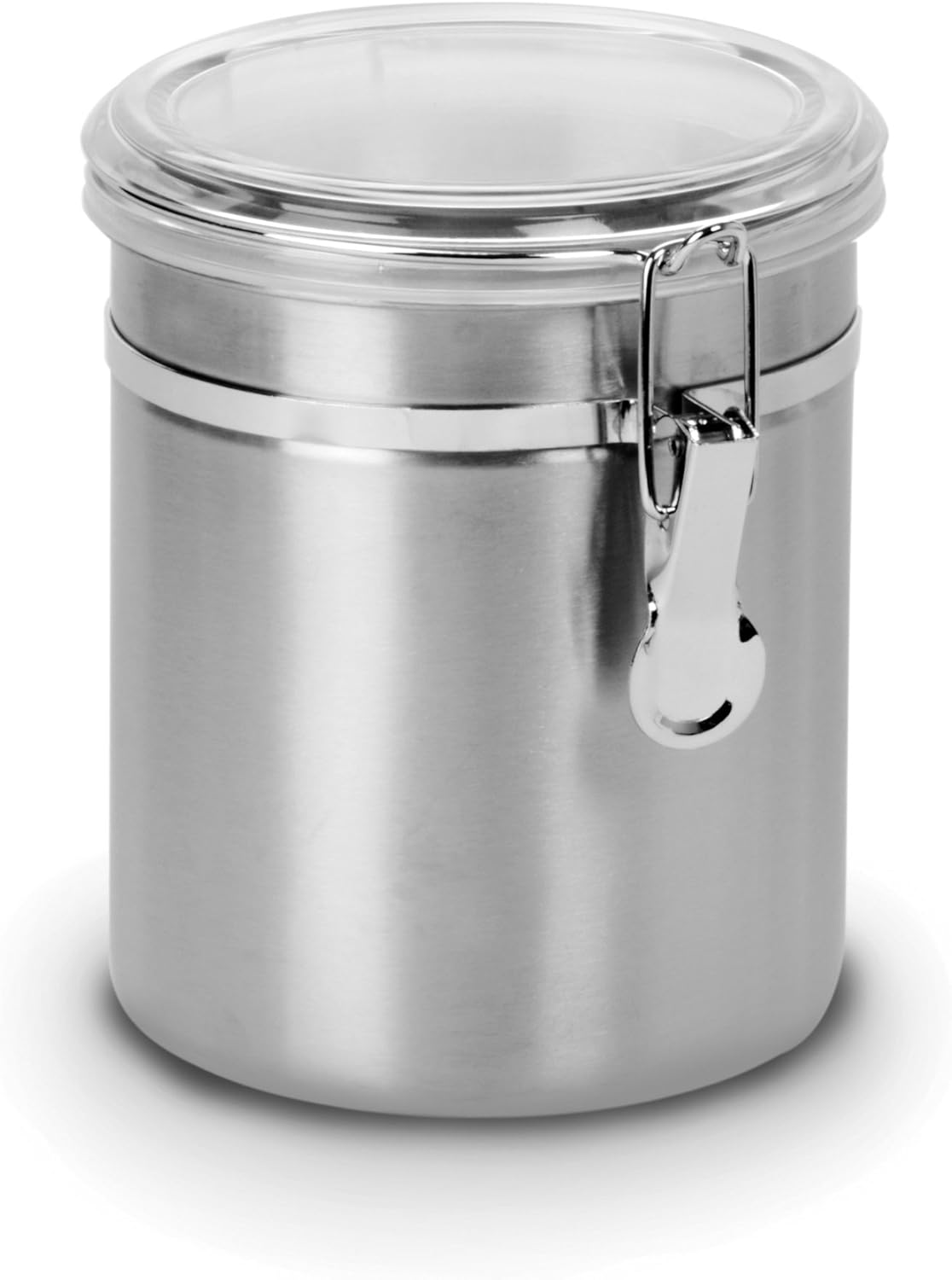 Set of 4 Anchor Hocking Round Stainless Steel Canisters with Clear Acrylic Lids and Locking Clamps, 47 oz