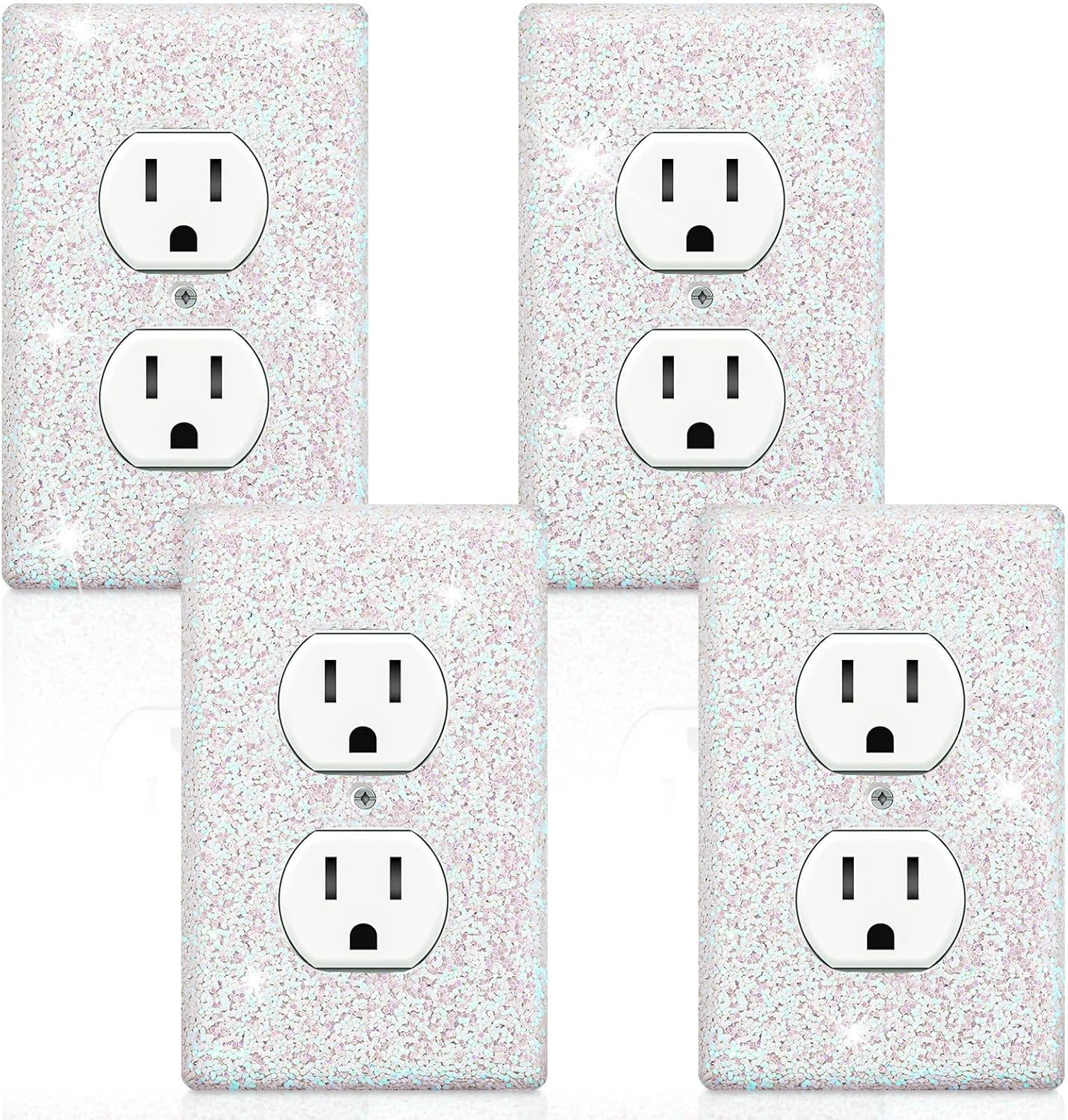 Set of 4 Glitter Bling Light Switch Covers and Outlet Wall Plates for Nursery and Teens Room Decor in White