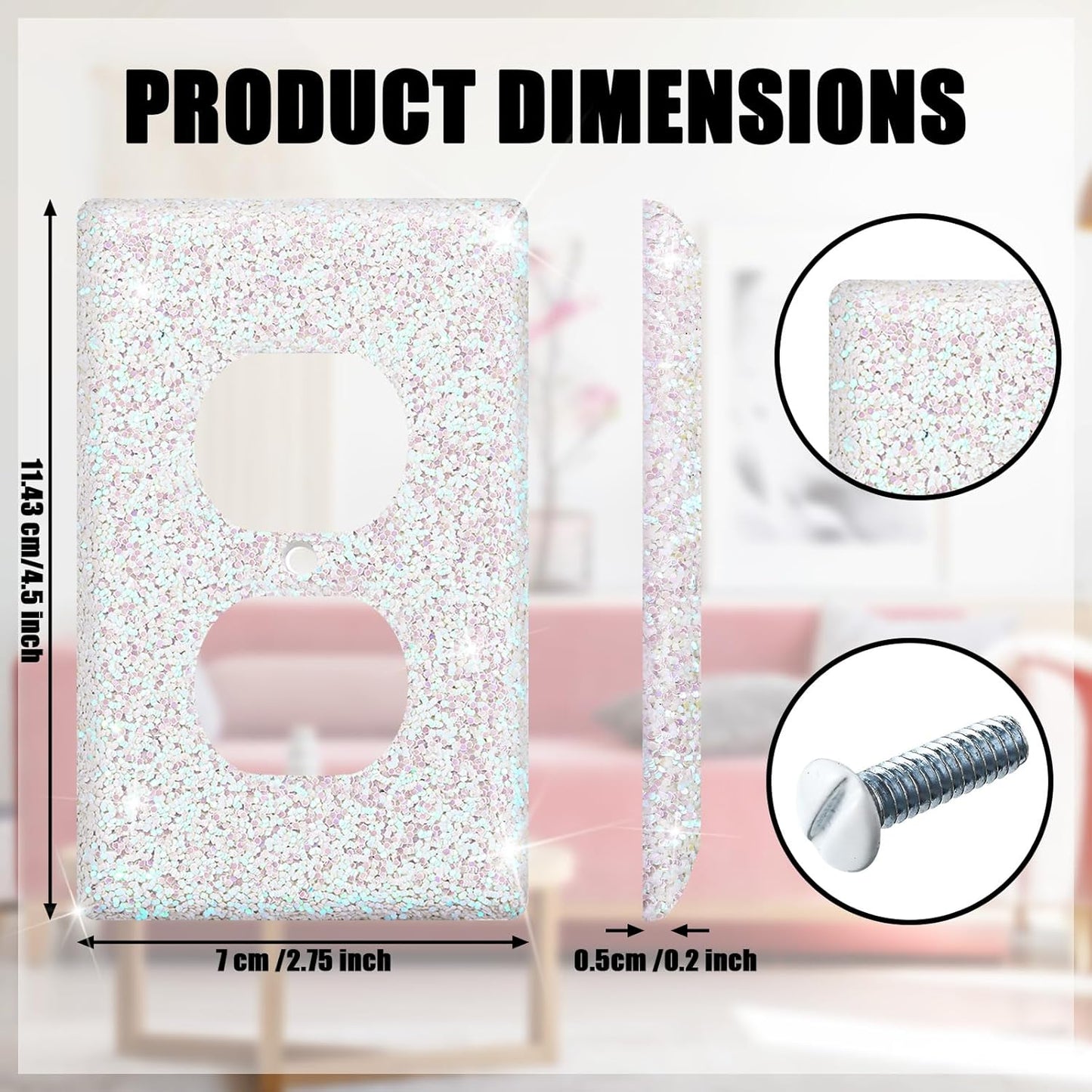Set of 4 Glitter Bling Light Switch Covers and Outlet Wall Plates for Nursery and Teens Room Decor in White
