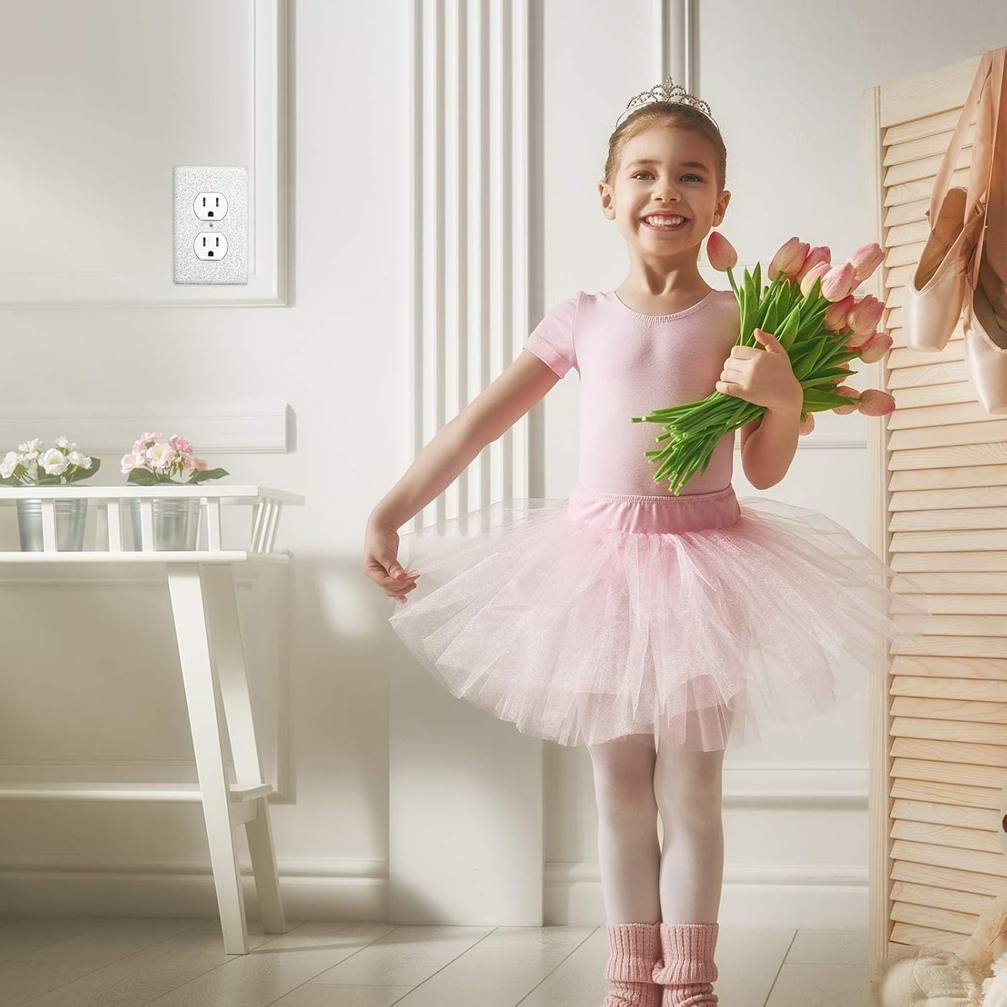 Set of 4 Glitter Bling Light Switch Covers and Outlet Wall Plates for Nursery and Teens Room Decor in White