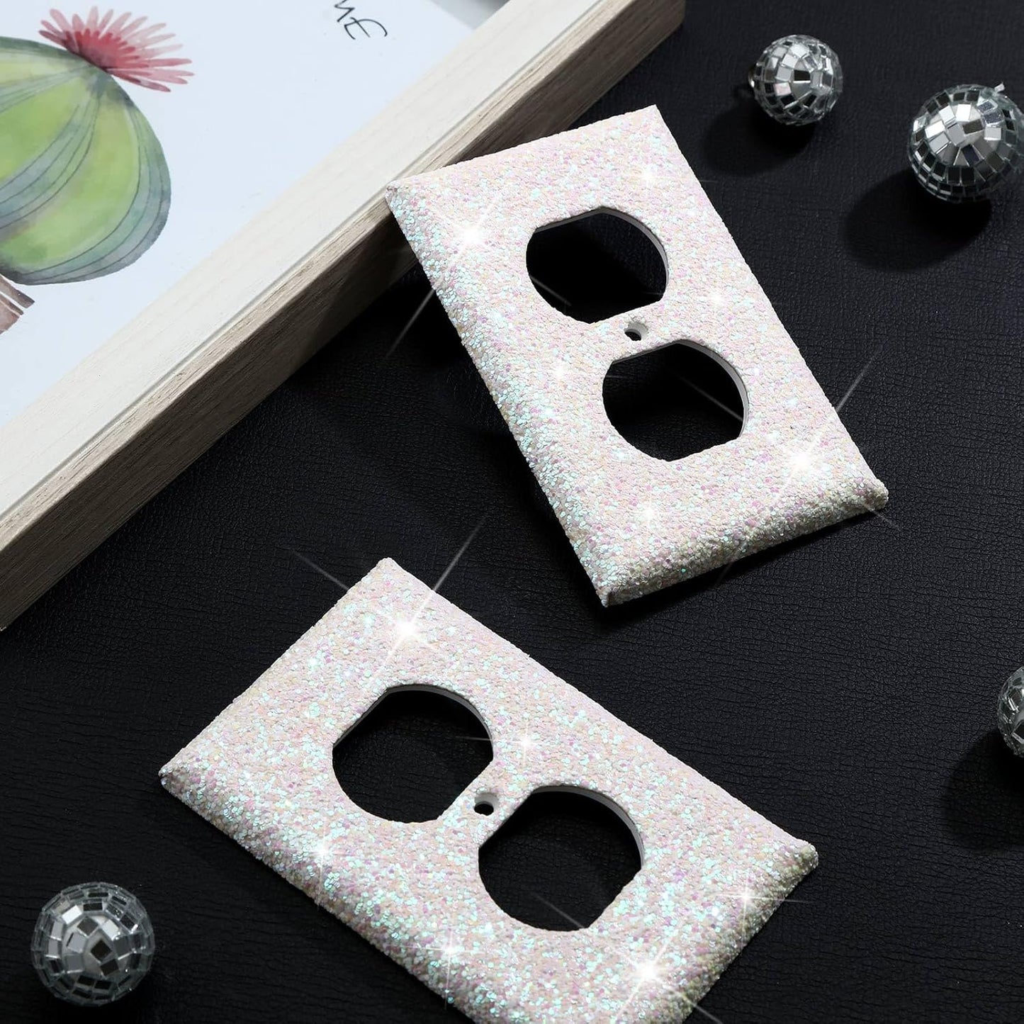 Set of 4 Glitter Bling Light Switch Covers and Outlet Wall Plates for Nursery and Teens Room Decor in White