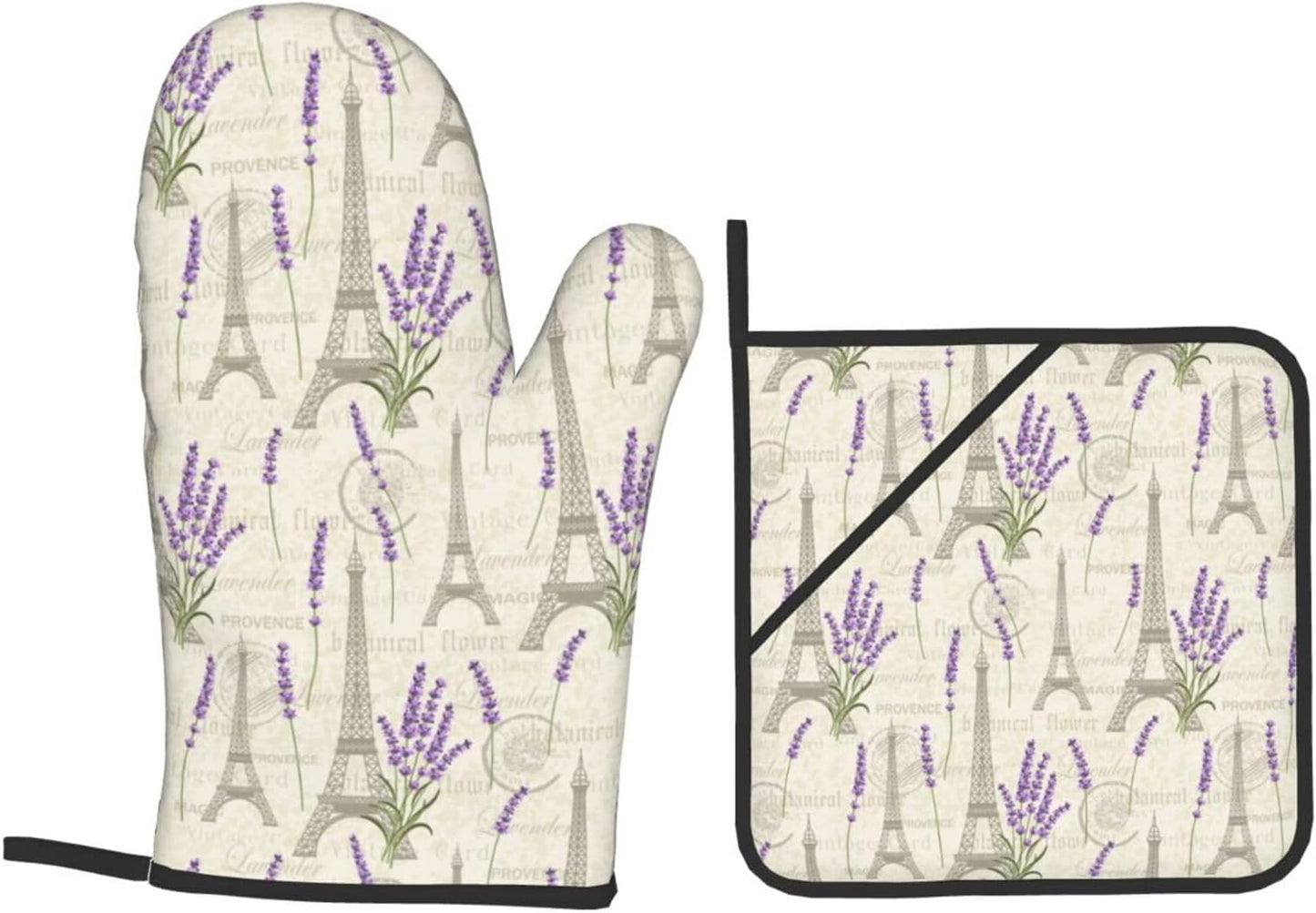 Set of 4 Lavender and Eiffel Oven Mitts Pot Holders - Heat Resistant Kitchen Gloves for Baking, Cooking, Grilling, BBQ