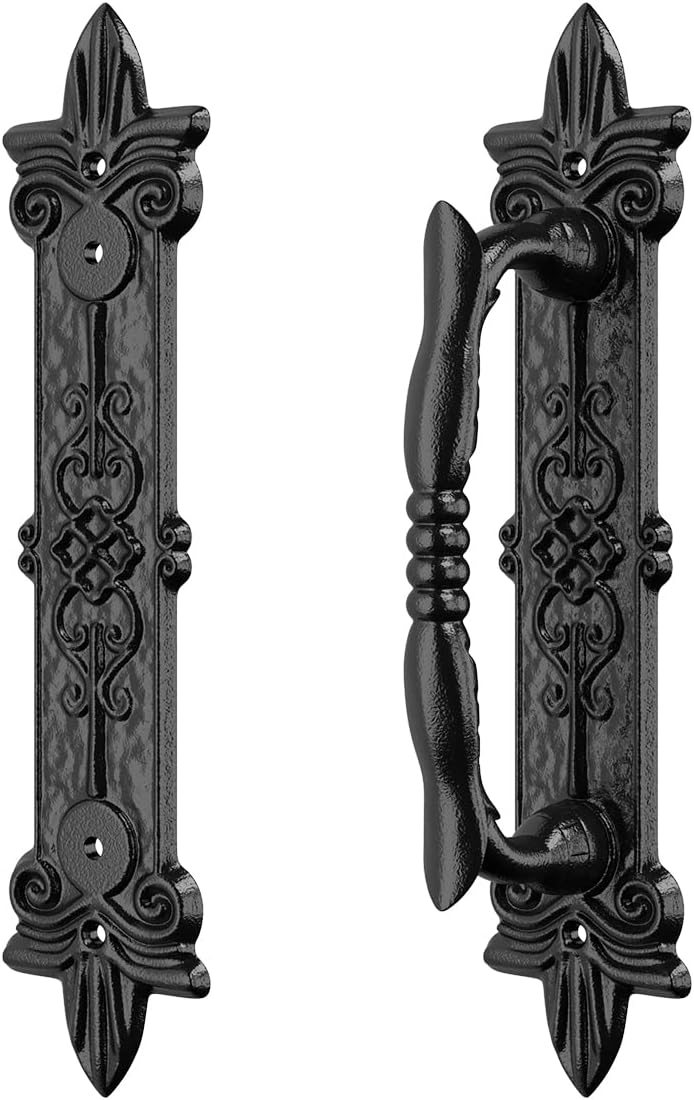 Set of 4 SMARTSTANDARD 9" Antique Barn Door Handles, Large Rustic Carved Pulls for Gates, Garages, Sheds - Black Powder Coated