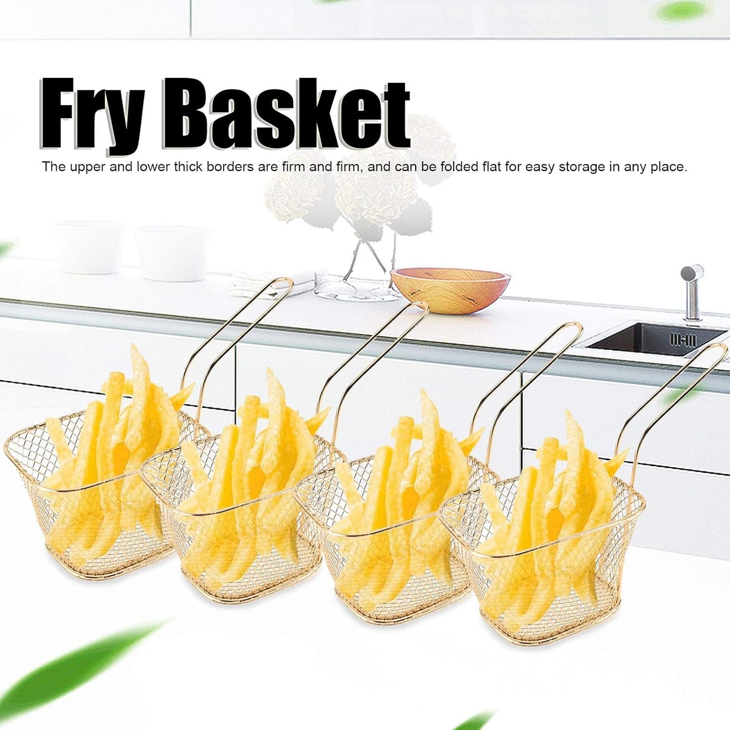 Set of 4 Stainless Steel Frying Baskets for French Fries, Onion Rings, Chicken Wings - Multi-Function Kitchen Tool in Gold Color by Haofy