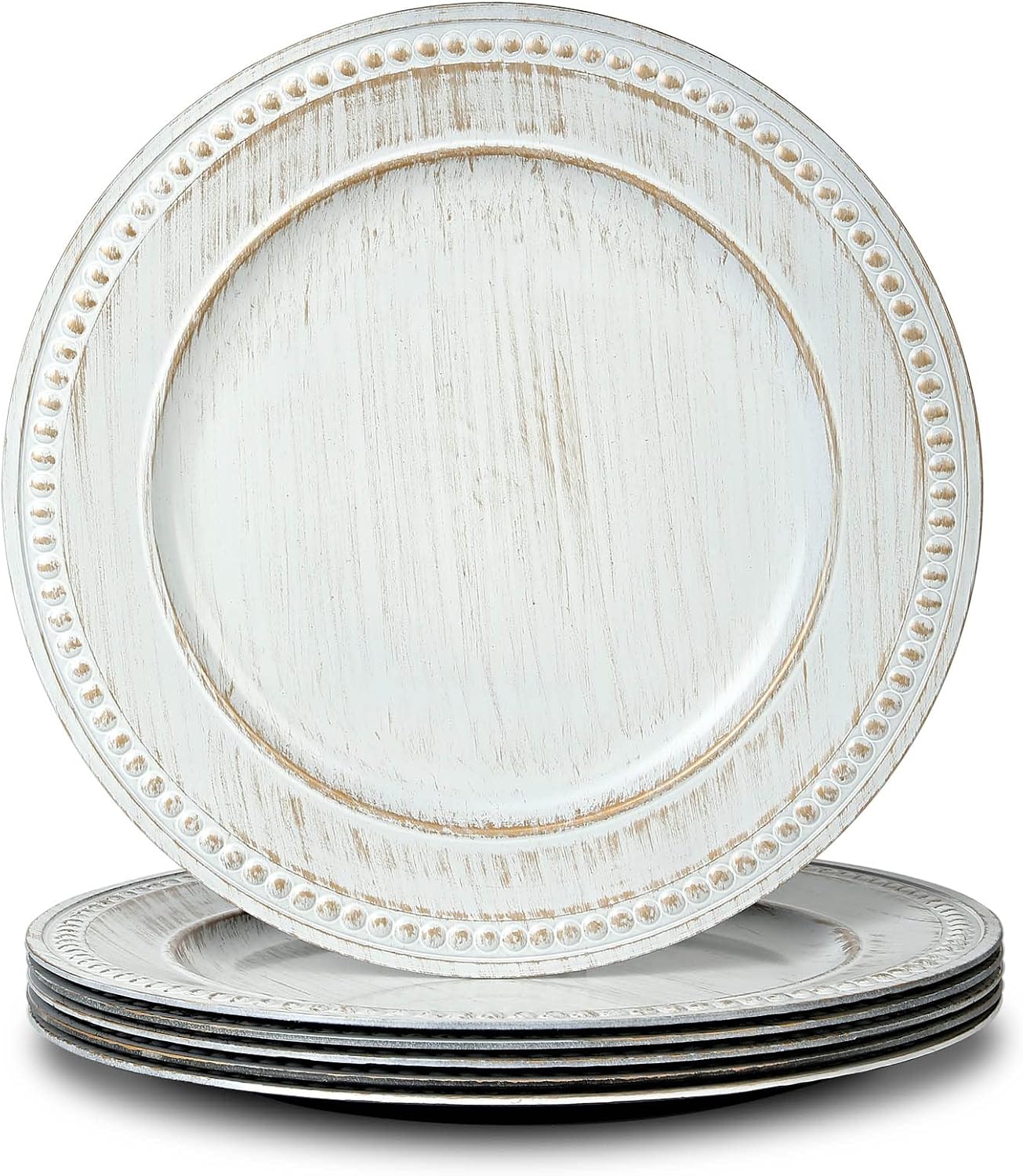 Set of 6 13" Vintage Beaded Charger Plates for Dinner - White Chargers for Wedding Bulk