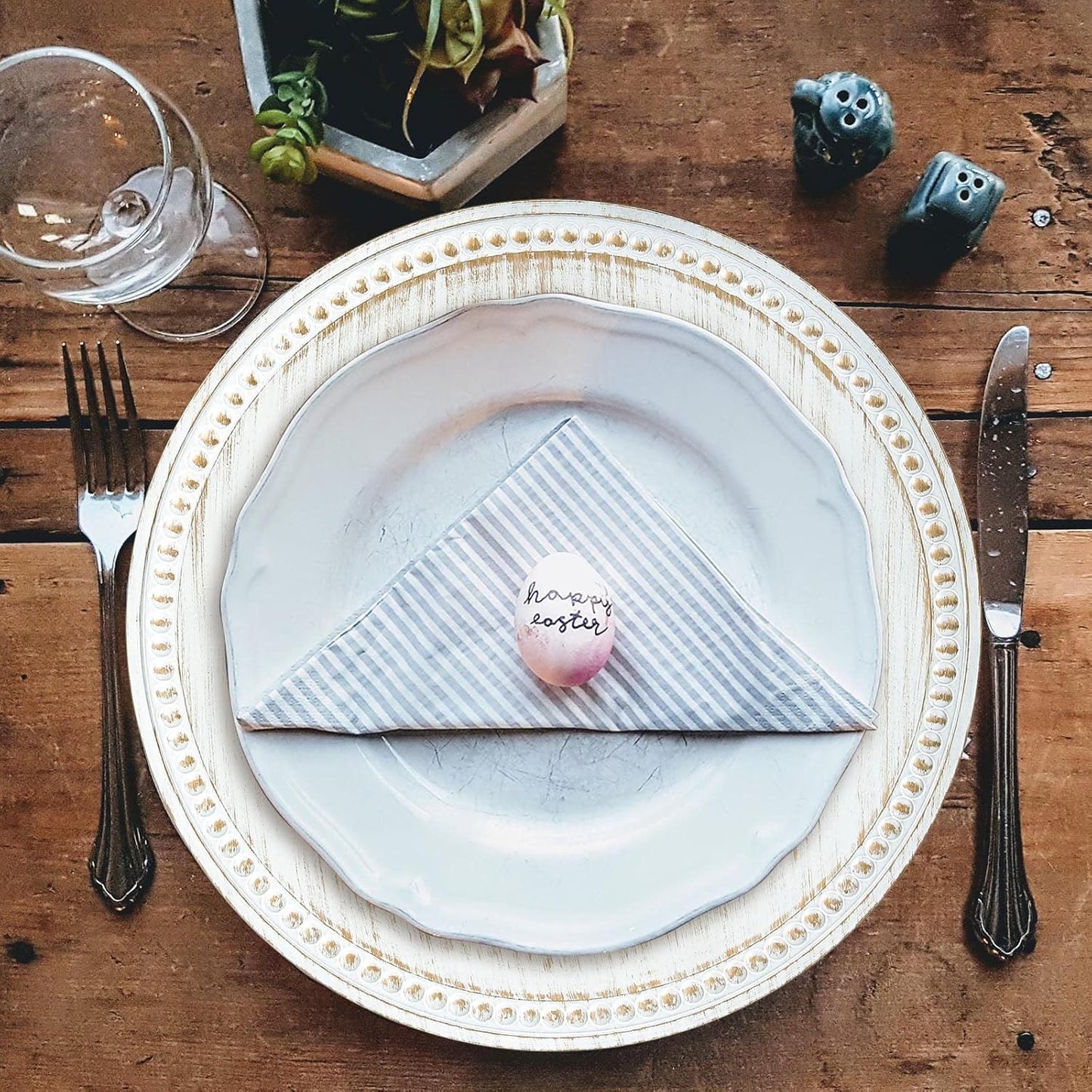 Set of 6 13" Vintage Beaded Charger Plates for Dinner - White Chargers for Wedding Bulk