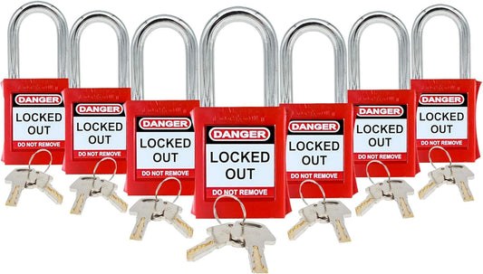 Set of 7 Red Lockout Tagout Locks with Keyed Different System - Brass Keys Included - OSHA Compliant Safety Locks