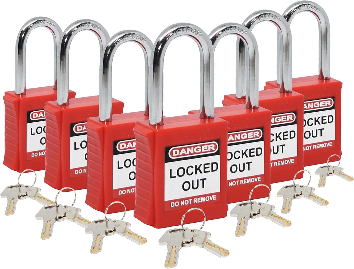 Set of 7 Red Lockout Tagout Locks with Keyed Different System - Brass Keys Included - OSHA Compliant Safety Locks