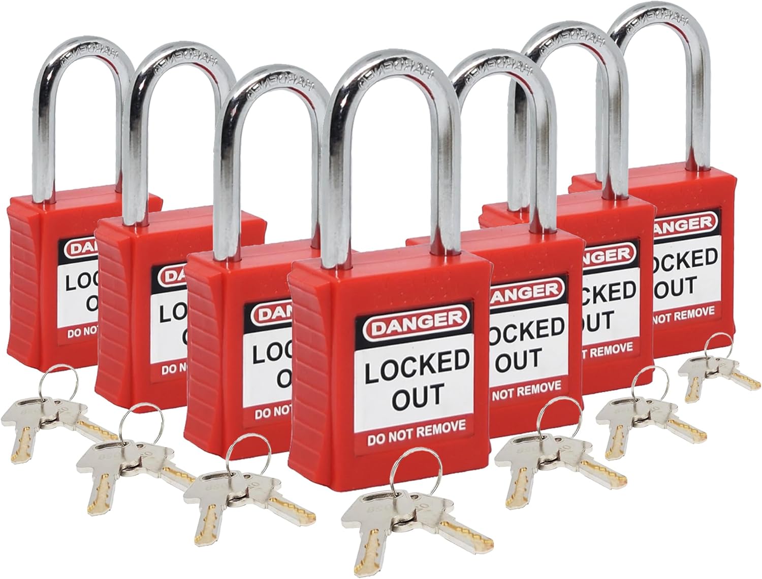 Set of 7 Red Lockout Tagout Locks with Keyed Different System - Brass Keys Included - OSHA Compliant Safety Locks