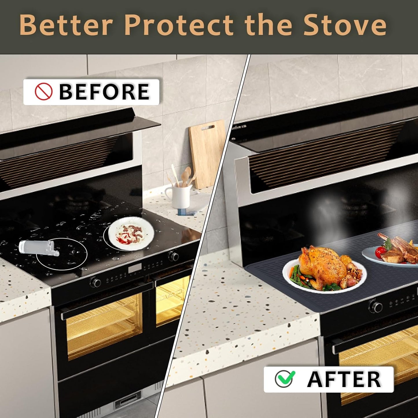 Silicone Stove Cover Set for Gas & Electric Stove Tops - Heat Resistant Mat for Countertop Protection - Non-Slip Oven Covers for Glass & Ceramic Stoves - 28x20 Inches (Black)