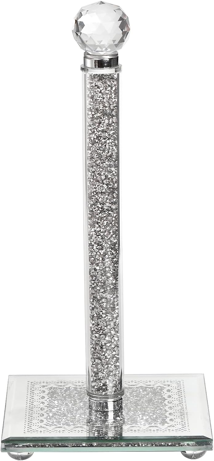 Silver Countertop Paper Towel Holder with Weighted Base and Crystal Crushed Diamond Filling for Kitchen and Bathroom