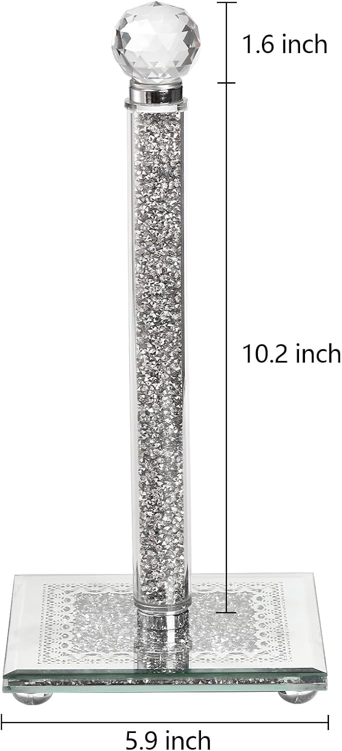 Silver Countertop Paper Towel Holder with Weighted Base and Crystal Crushed Diamond Filling for Kitchen and Bathroom