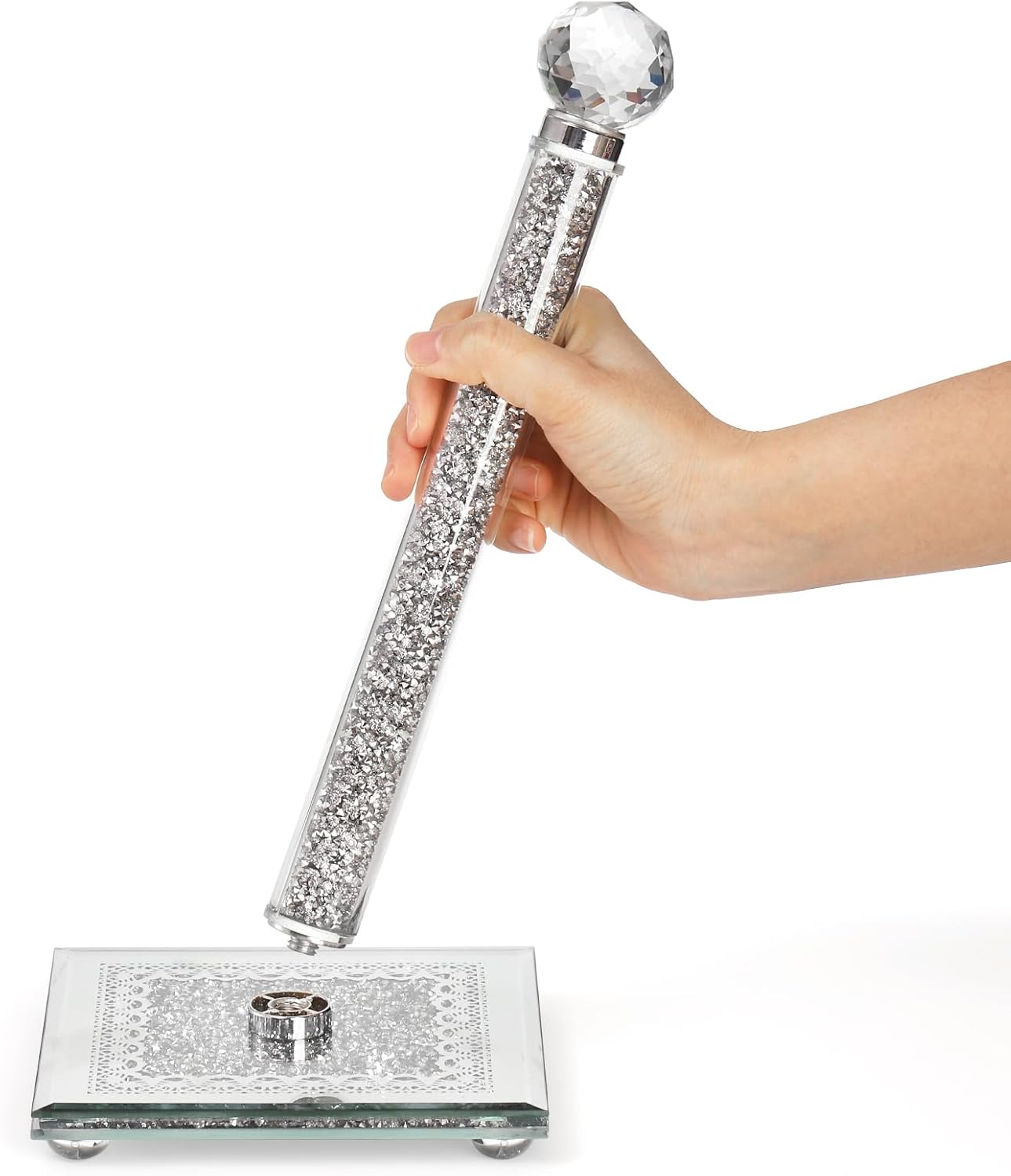 Silver Countertop Paper Towel Holder with Weighted Base and Crystal Crushed Diamond Filling for Kitchen and Bathroom
