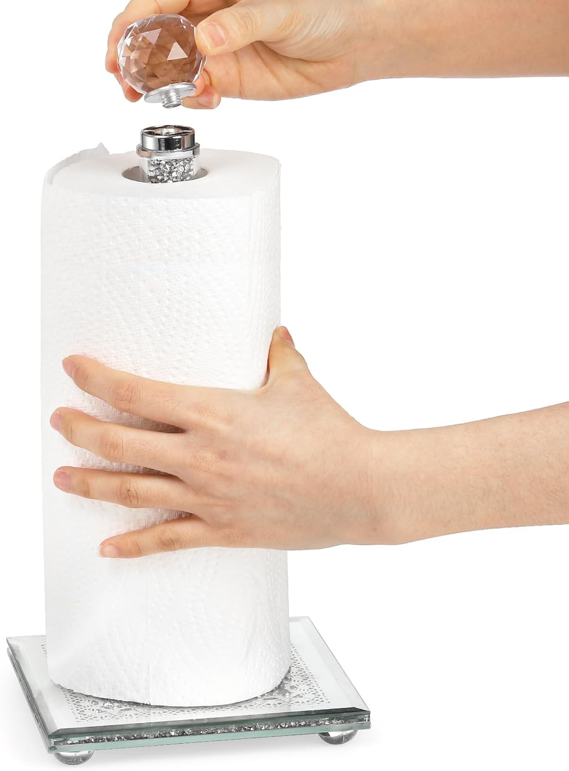 Silver Countertop Paper Towel Holder with Weighted Base and Crystal Crushed Diamond Filling for Kitchen and Bathroom