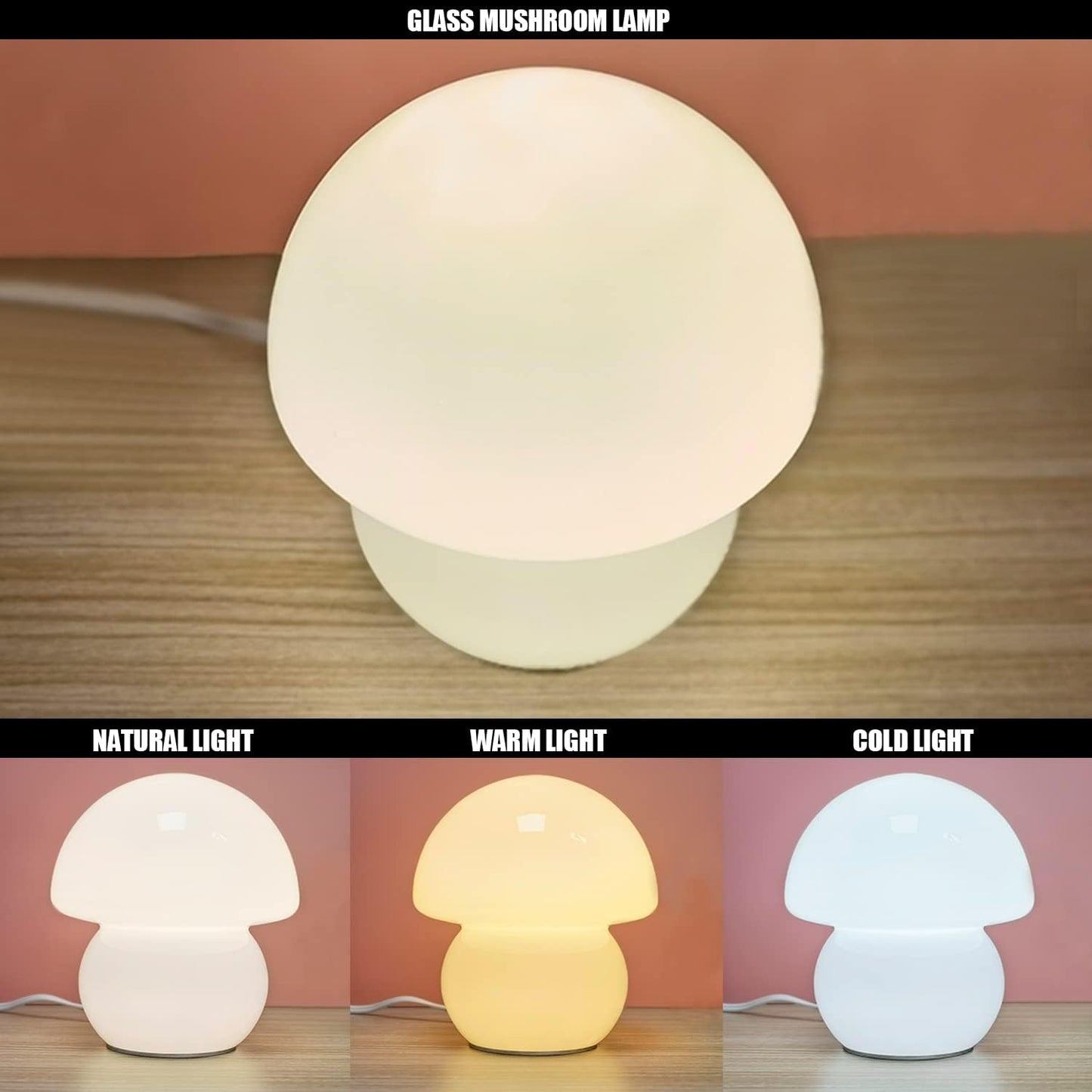 Small Clear Glass Mushroom Lamp - Cute Milk White Nightstand Light for Bedroom or Living Room - Murano Style Dome Lamp for Home Decor Gift