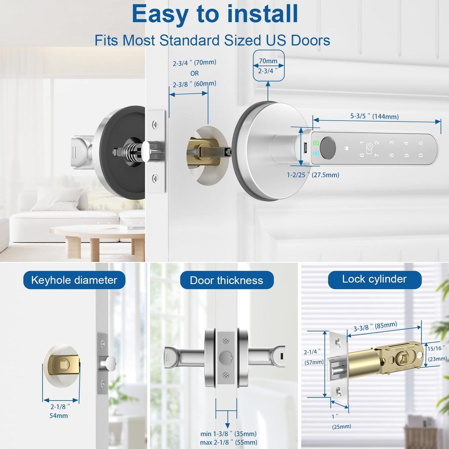 Smart Fingerprint Door Lock with App Control - Keyless Entry Biometric Door Knob for Home Office Apartment - Silver