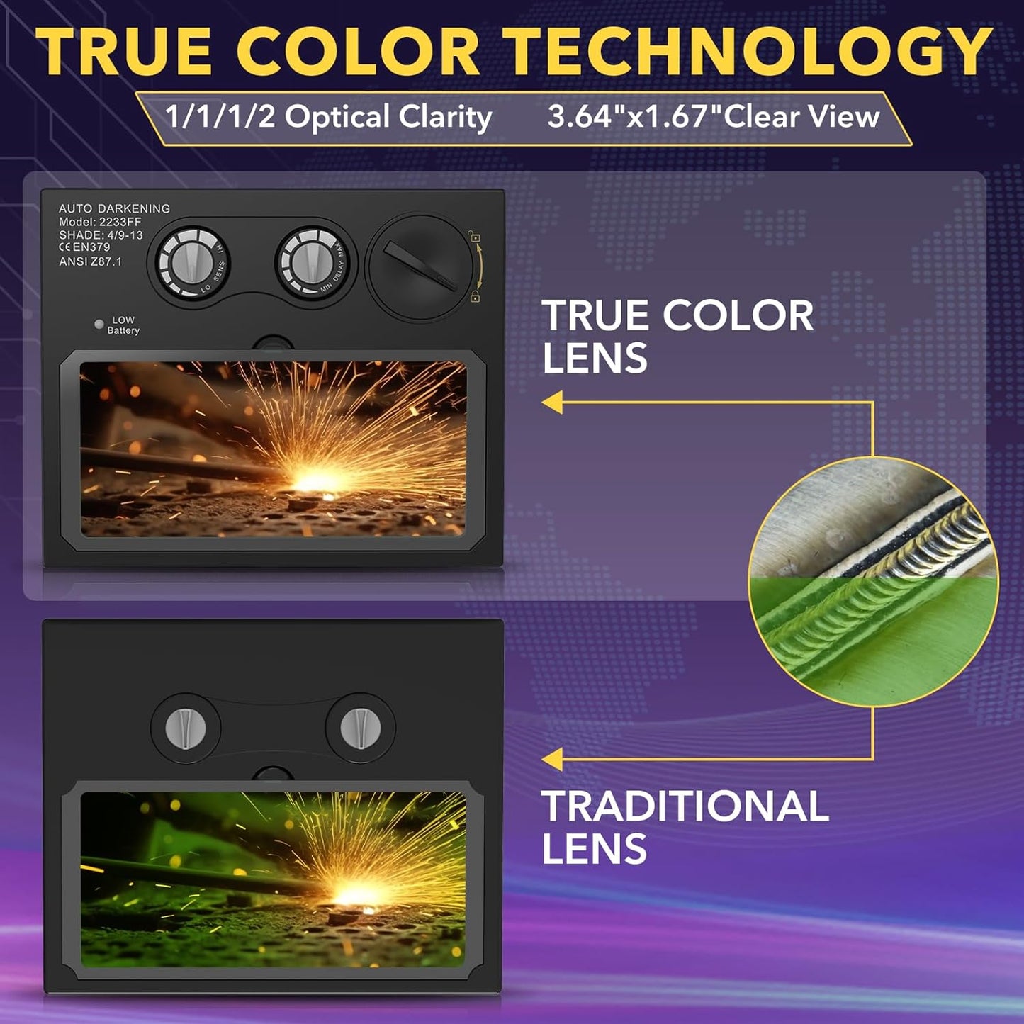 Solar-Powered True Color Welding Lens 4.33"x3.54" with Adjustable Shade Range 4/9-13 - Replacement Accessories for TRQWH Welding Hood