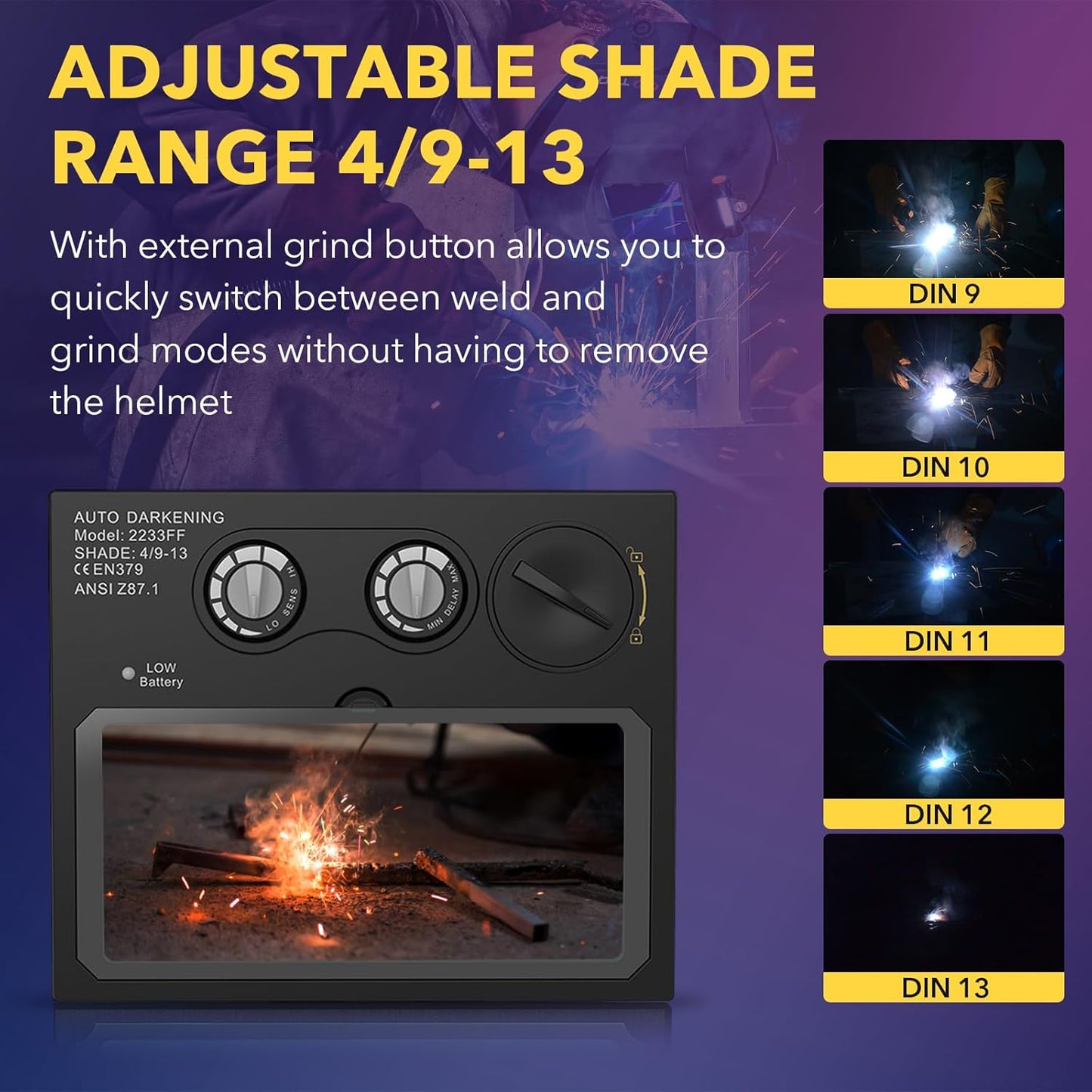 Solar-Powered True Color Welding Lens 4.33"x3.54" with Adjustable Shade Range 4/9-13 - Replacement Accessories for TRQWH Welding Hood