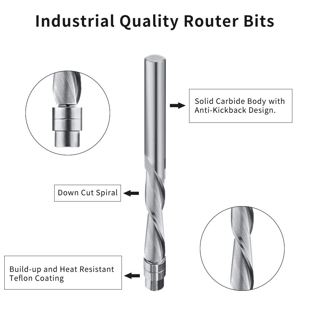 Solid Carbide Spiral Flush-Trim Router Bit 1/4-Inch Shank Down Cut - TACKPRO