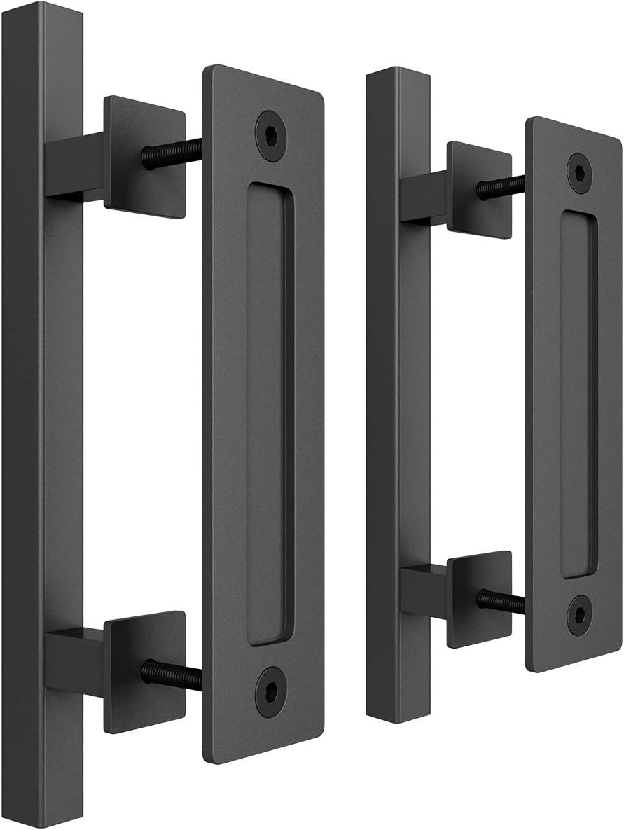 Square Black Barn Door Handle Set - 2 Large Rustic Pull and Flush Handles, Ideal for Gates, Garages, Sheds, and Furniture - 12" Size, Two-Side Design - by SMARTSTANDARD