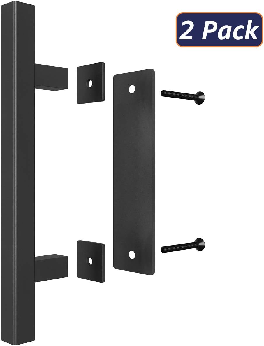 Square Black Barn Door Handle Set - 2 Large Rustic Pull and Flush Handles, Ideal for Gates, Garages, Sheds, and Furniture - 12" Size, Two-Side Design - by SMARTSTANDARD