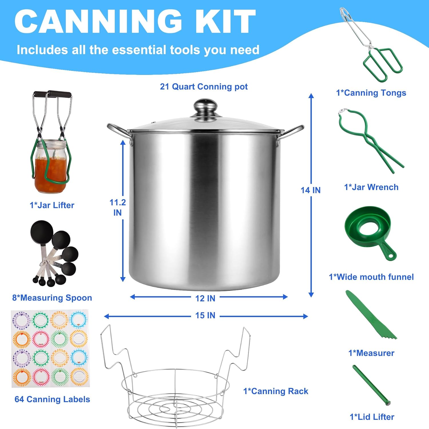 Stainless Steel 21.5 Quart Water Bath Canning Pot with Rack, Lid, and Accessories Kit for Beginners