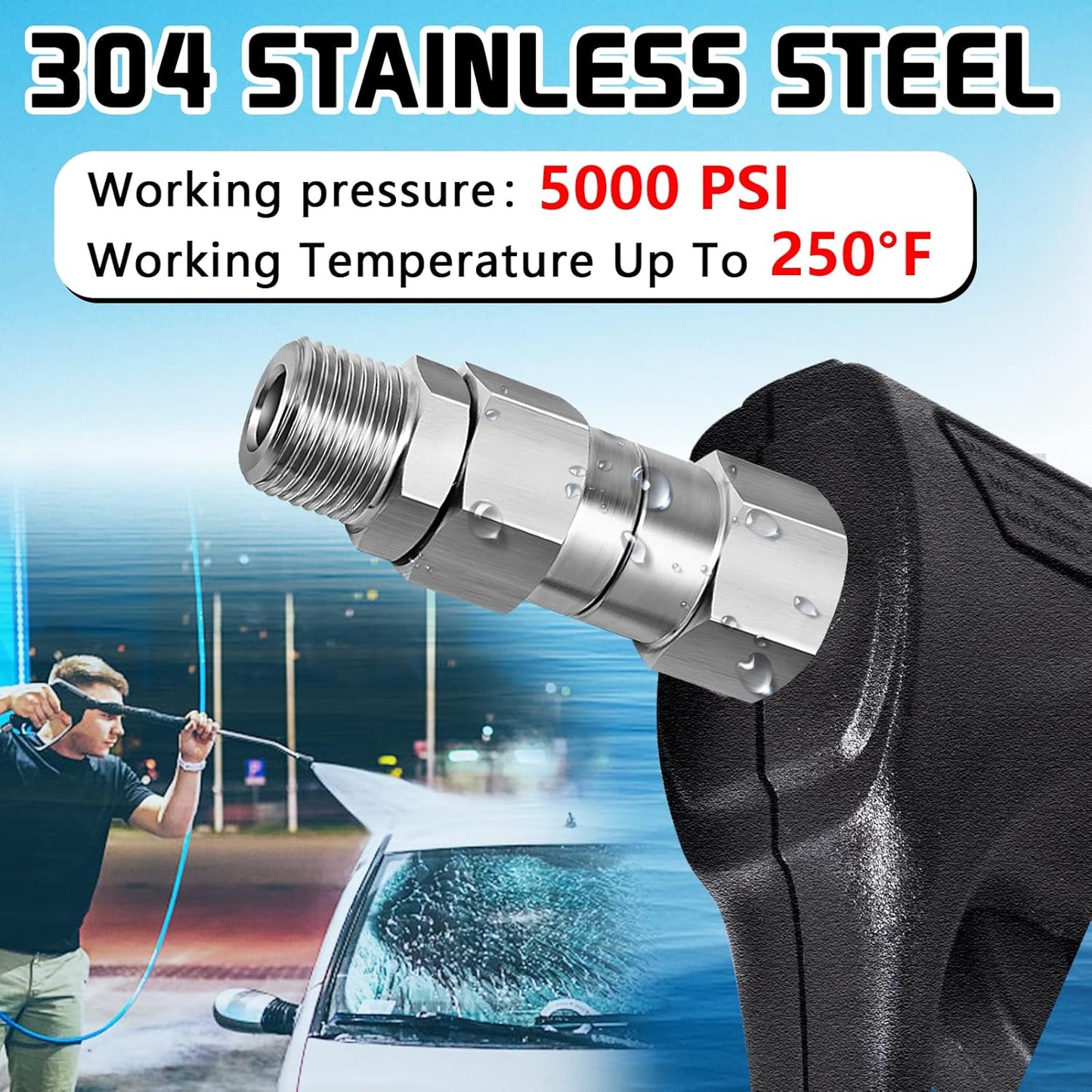 Stainless Steel 3/8 NPT Pressure Washer Swivel Fitting Set - Anti-Twist Connector for Gun and Hose - 360 Degree Swivel Joint - 2 Pcs