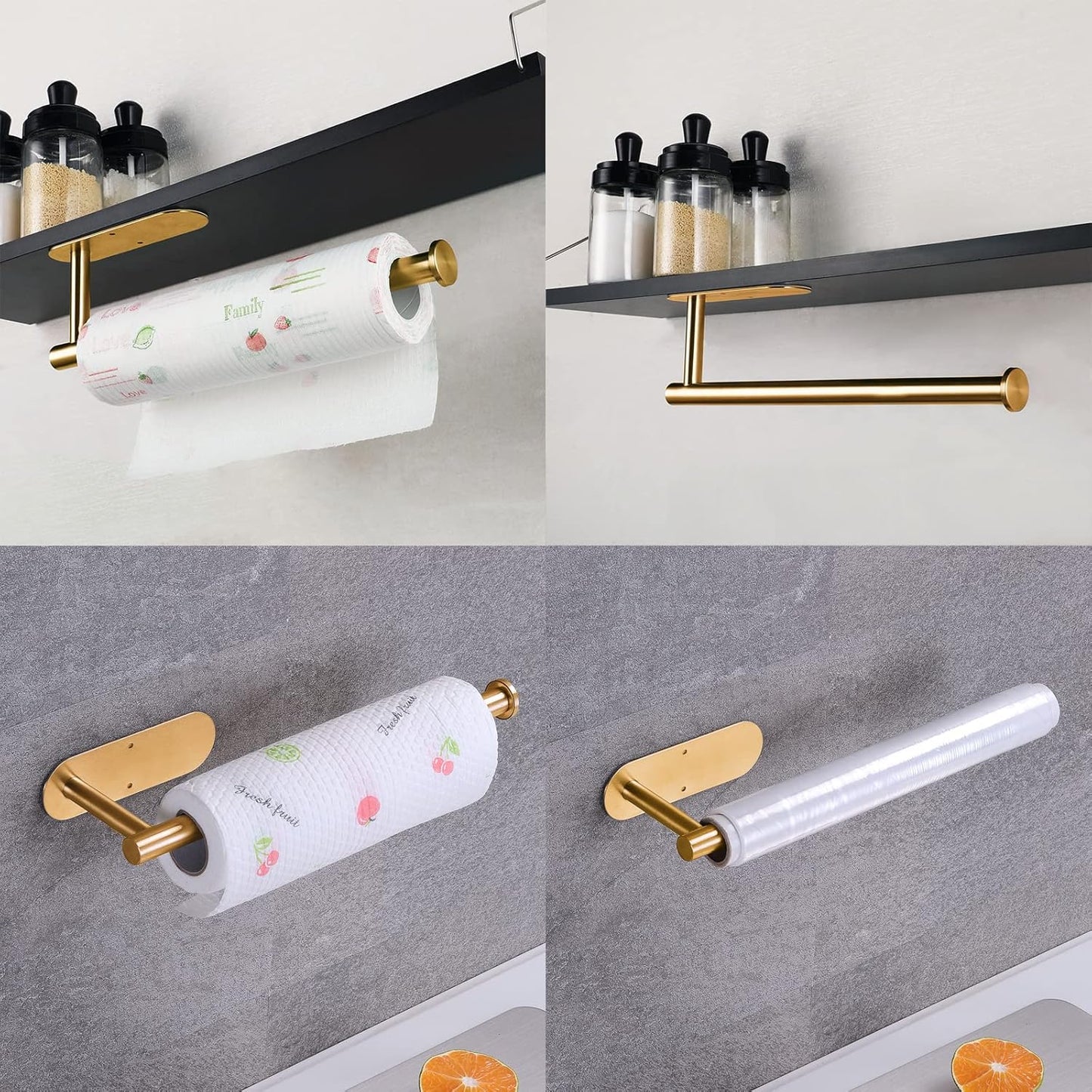 Stainless Steel Brushed Gold Paper Towel Holder with 2 Hooks for Kitchen, Wall Mounted Space Saving Under Cabinet Roll Holder