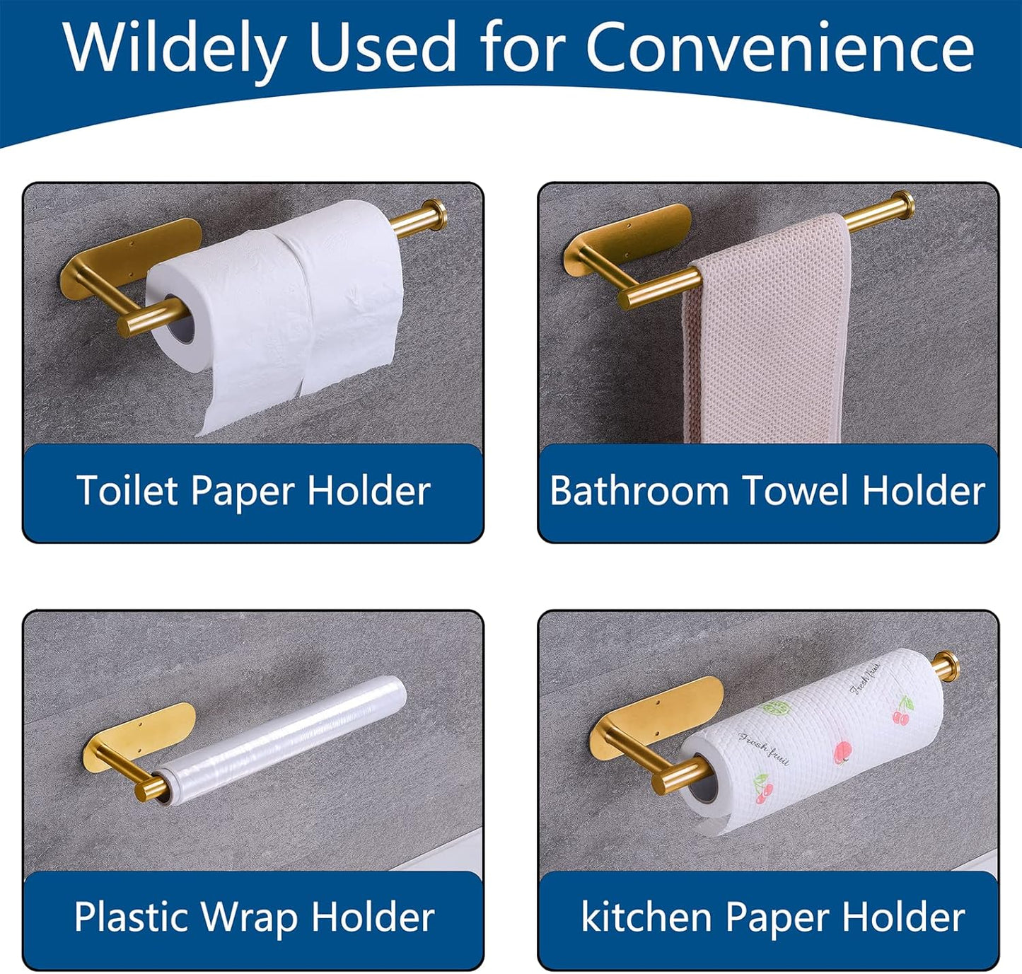 Stainless Steel Brushed Gold Paper Towel Holder with 2 Hooks for Kitchen, Wall Mounted Space Saving Under Cabinet Roll Holder