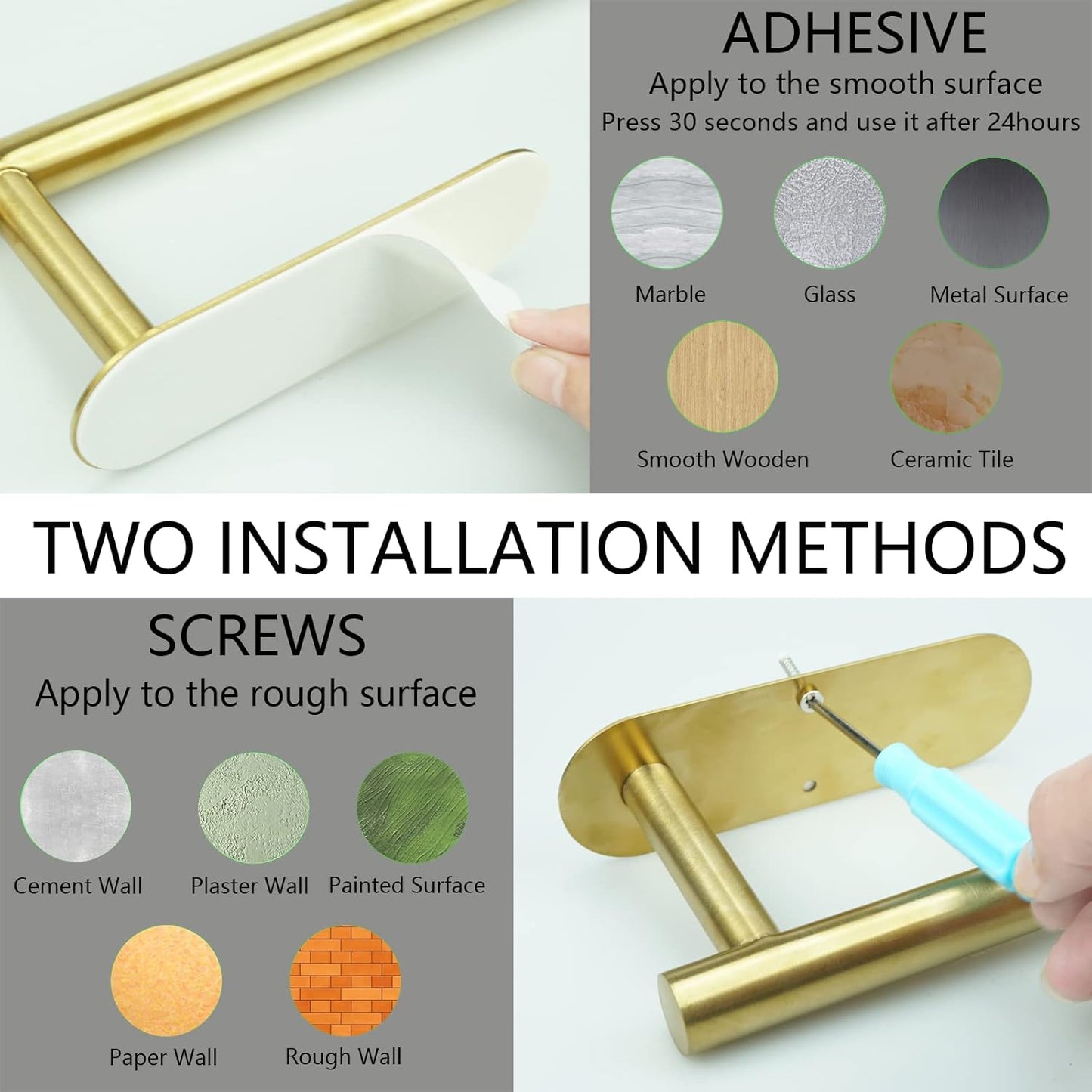 Stainless Steel Brushed Gold Paper Towel Holder with 2 Hooks for Kitchen, Wall Mounted Space Saving Under Cabinet Roll Holder