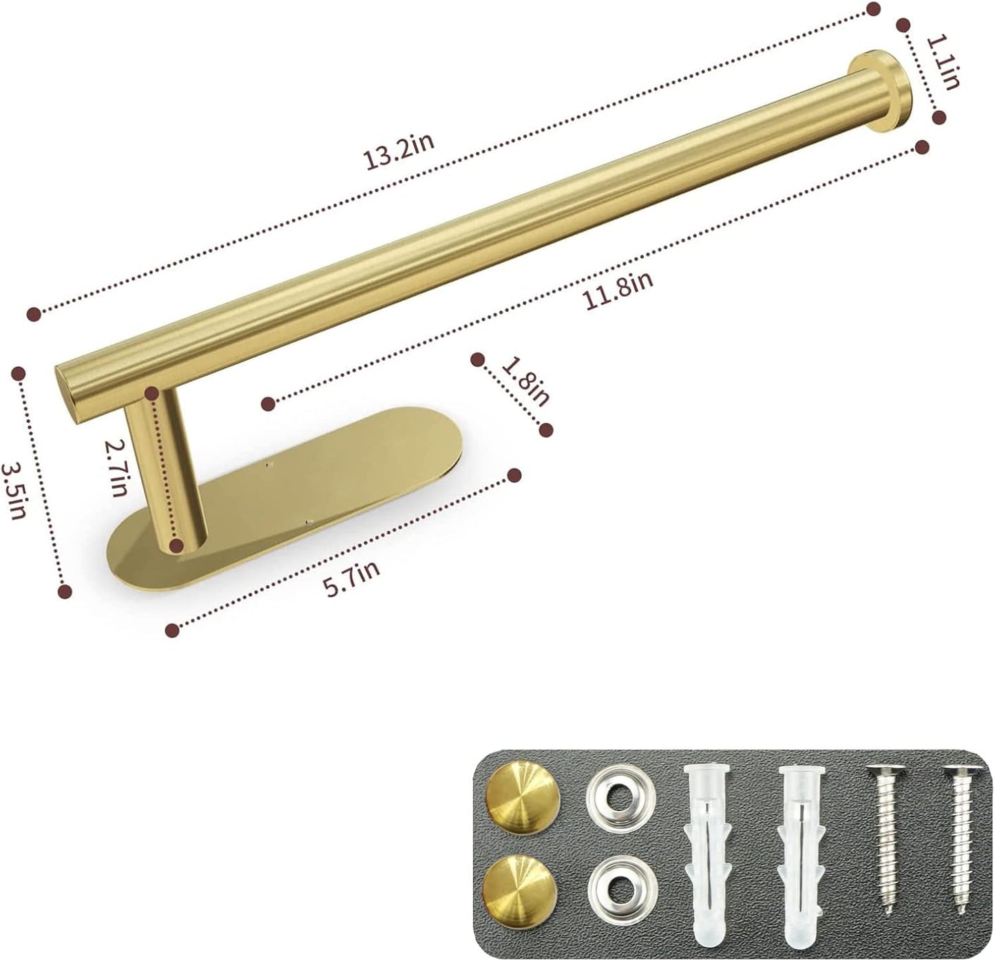 Stainless Steel Brushed Gold Paper Towel Holder with 2 Hooks for Kitchen, Wall Mounted Space Saving Under Cabinet Roll Holder
