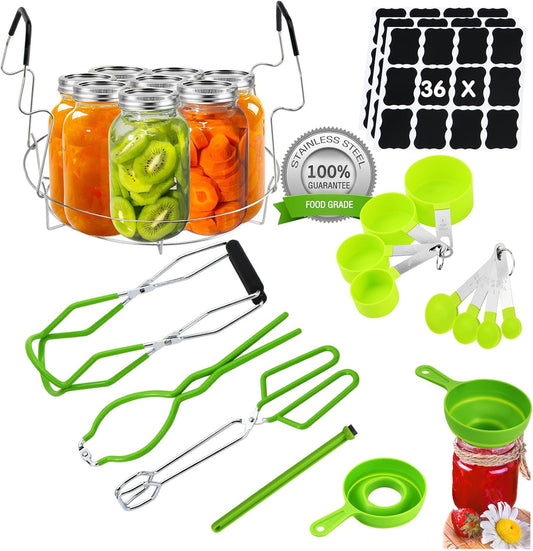 Stainless Steel Canning Supplies Starter Kit with Rack, Jar Lifter, Funnel, Labels, Wrench - Light Green Pot Accessories