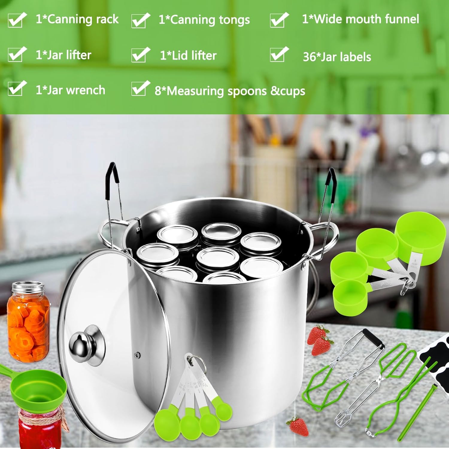 Stainless Steel Canning Supplies Starter Kit with Rack, Jar Lifter, Funnel, Labels, Wrench - Light Green Pot Accessories