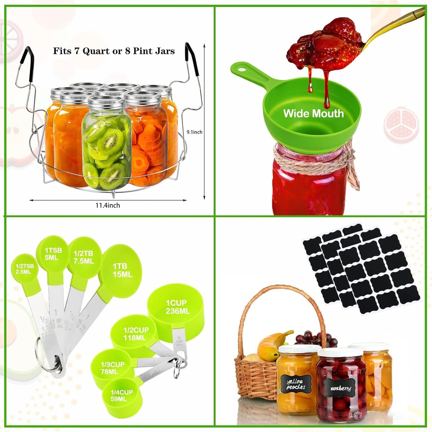 Stainless Steel Canning Supplies Starter Kit with Rack, Jar Lifter, Funnel, Labels, Wrench - Light Green Pot Accessories