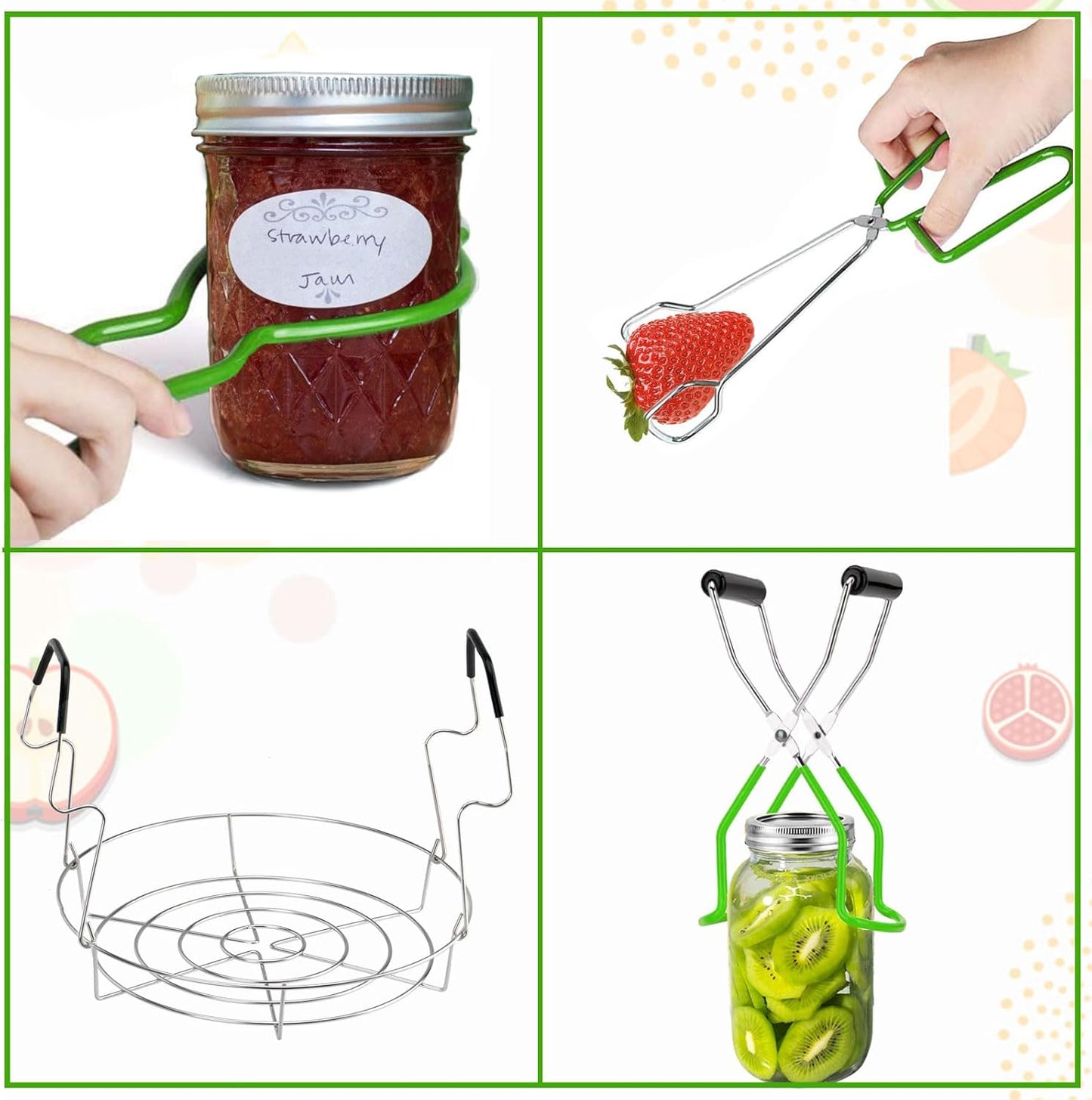 Stainless Steel Canning Supplies Starter Kit with Rack, Jar Lifter, Funnel, Labels, Wrench - Light Green Pot Accessories