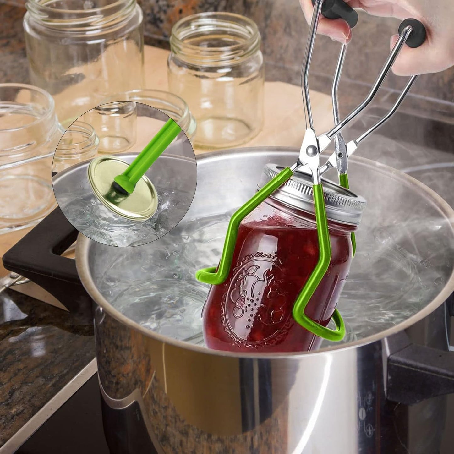 Stainless Steel Canning Supplies Starter Kit with Rack, Jar Lifter, Funnel, Labels, Wrench - Light Green Pot Accessories
