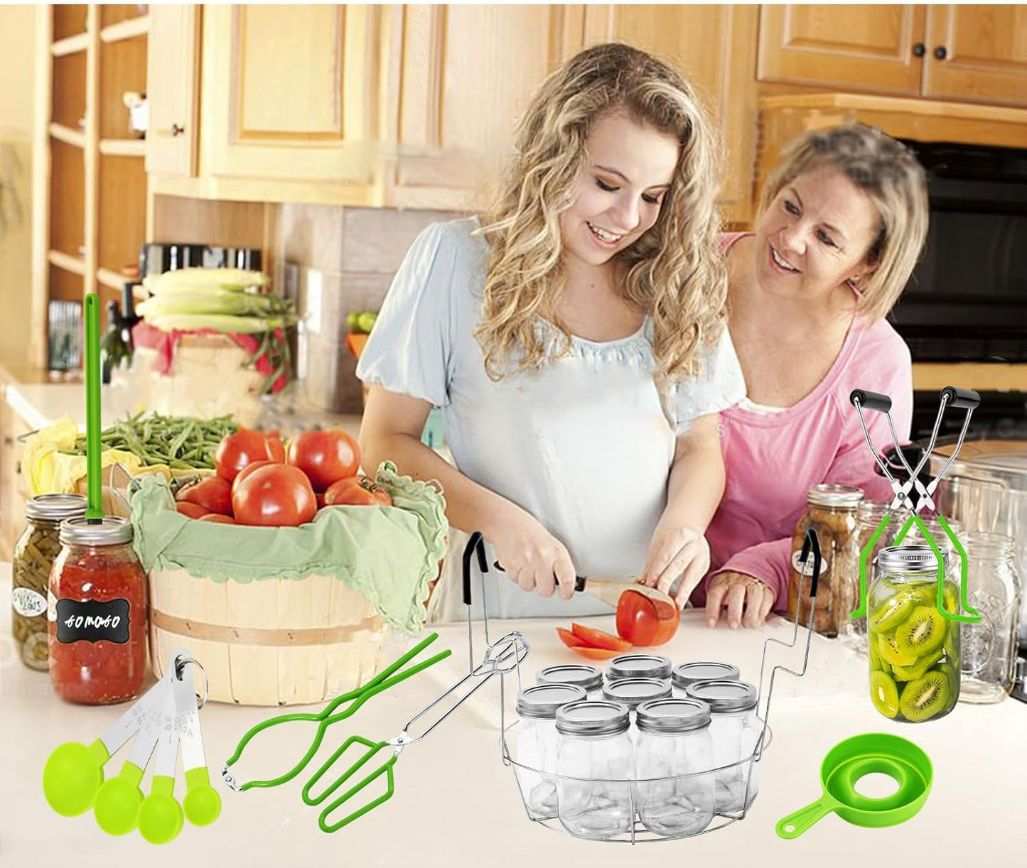 Stainless Steel Canning Supplies Starter Kit with Rack, Jar Lifter, Funnel, Labels, Wrench - Light Green Pot Accessories