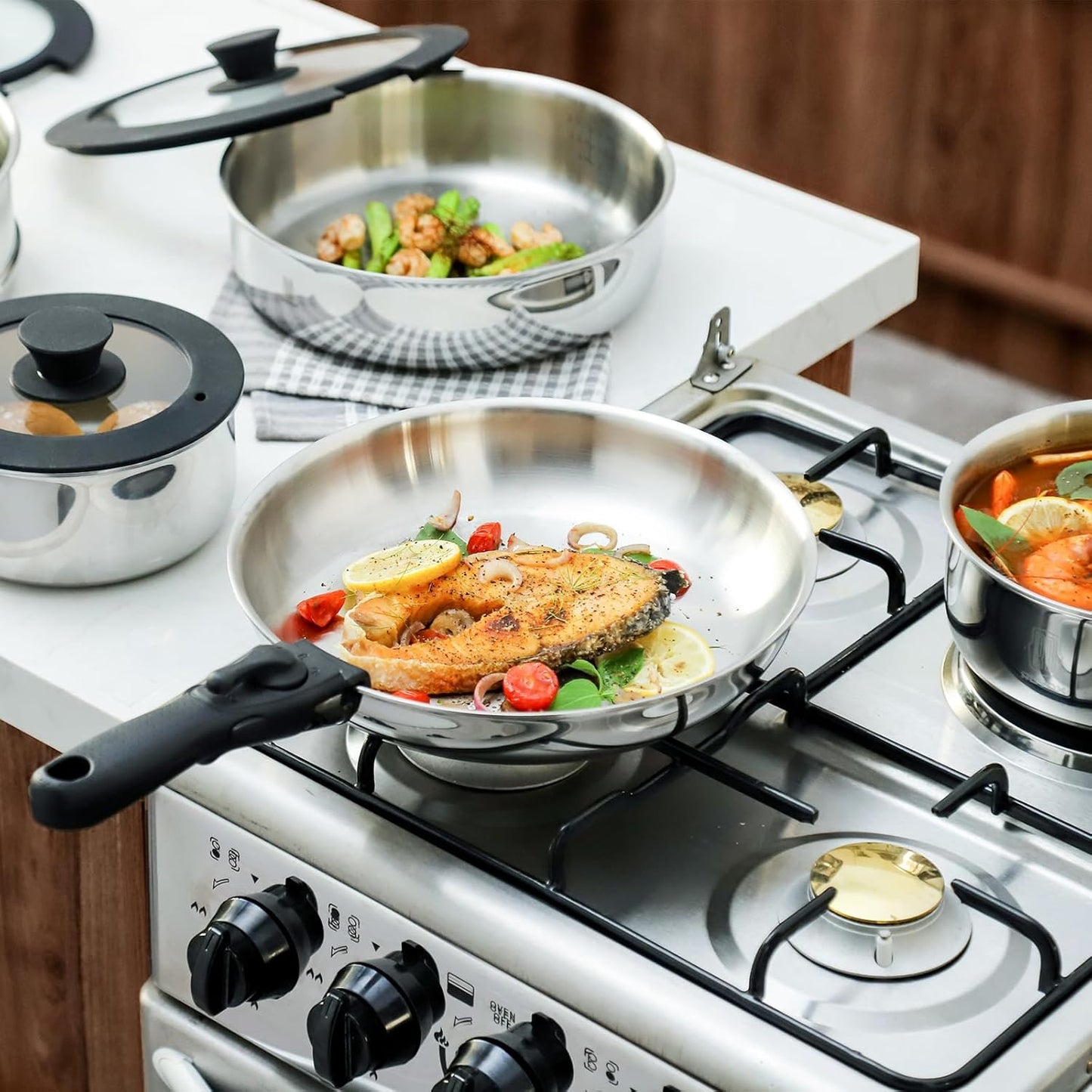Stainless Steel Cookware Set with Detachable Handles, PFOA Free, Oven Safe - RD ROYDX 3-Ply Pots and Pans Set for All Stoves