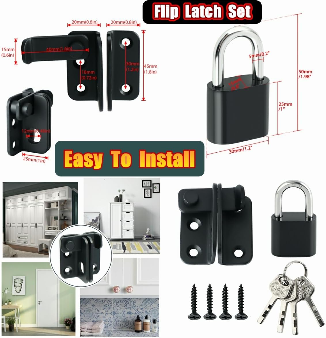 Stainless Steel Matte Black Flip Latch Gate Latches Set with Padlock for Barn Cabinet Pet Cage Garden Bathroom Garage Window Sliding Door - MS3001B-SET