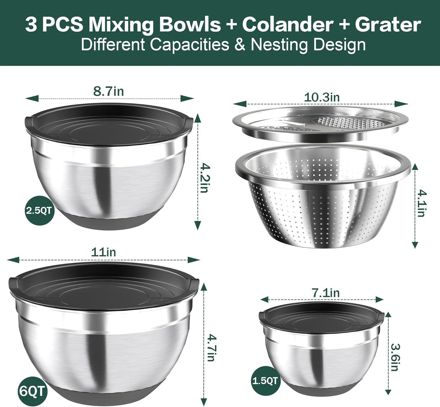 Stainless Steel Mixing Bowl Set with Airtight Lids, Colander & Grater - Non-Slip Bottoms, 3 Sizes, Black - Ideal for Mixing & Serving