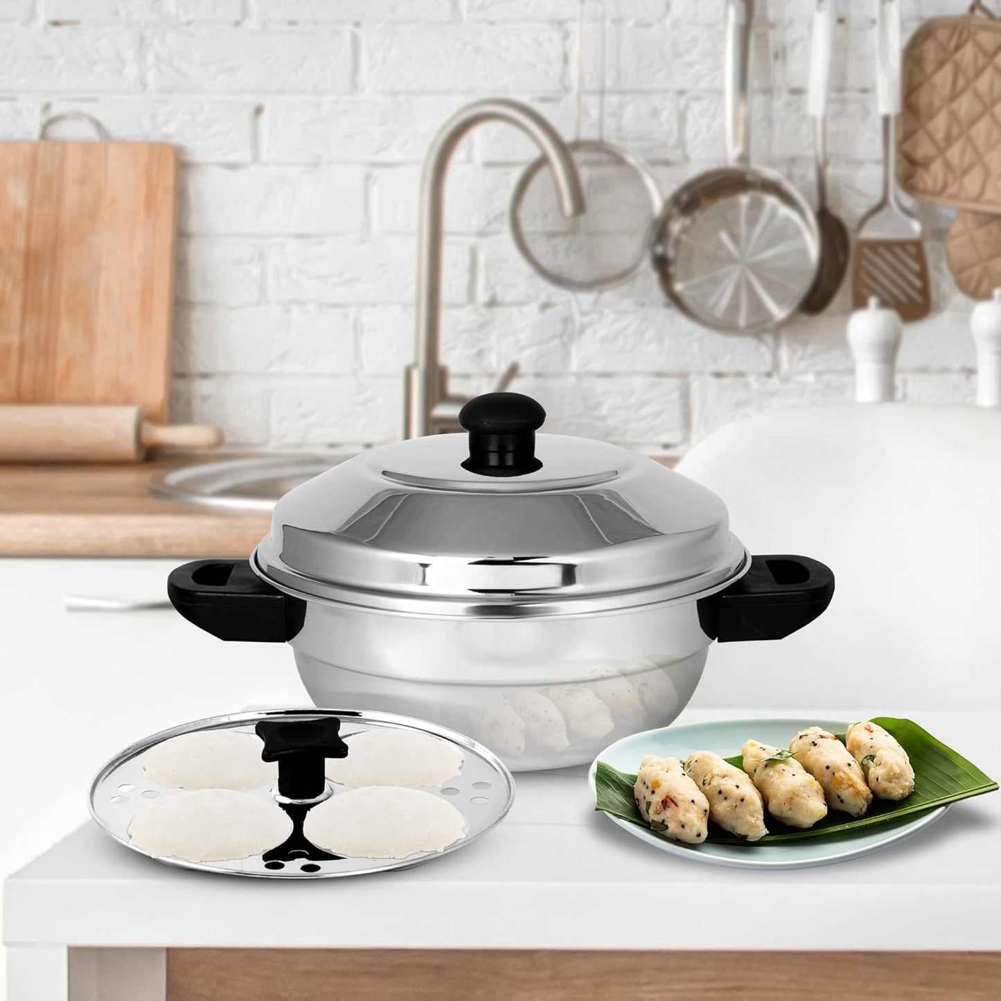 Stainless Steel Multi Kadai Idli Cooker Set with Induction Friendly Design - 4 Pieces, Includes 2 Idli Plates, 1 Patra Plate - Silver