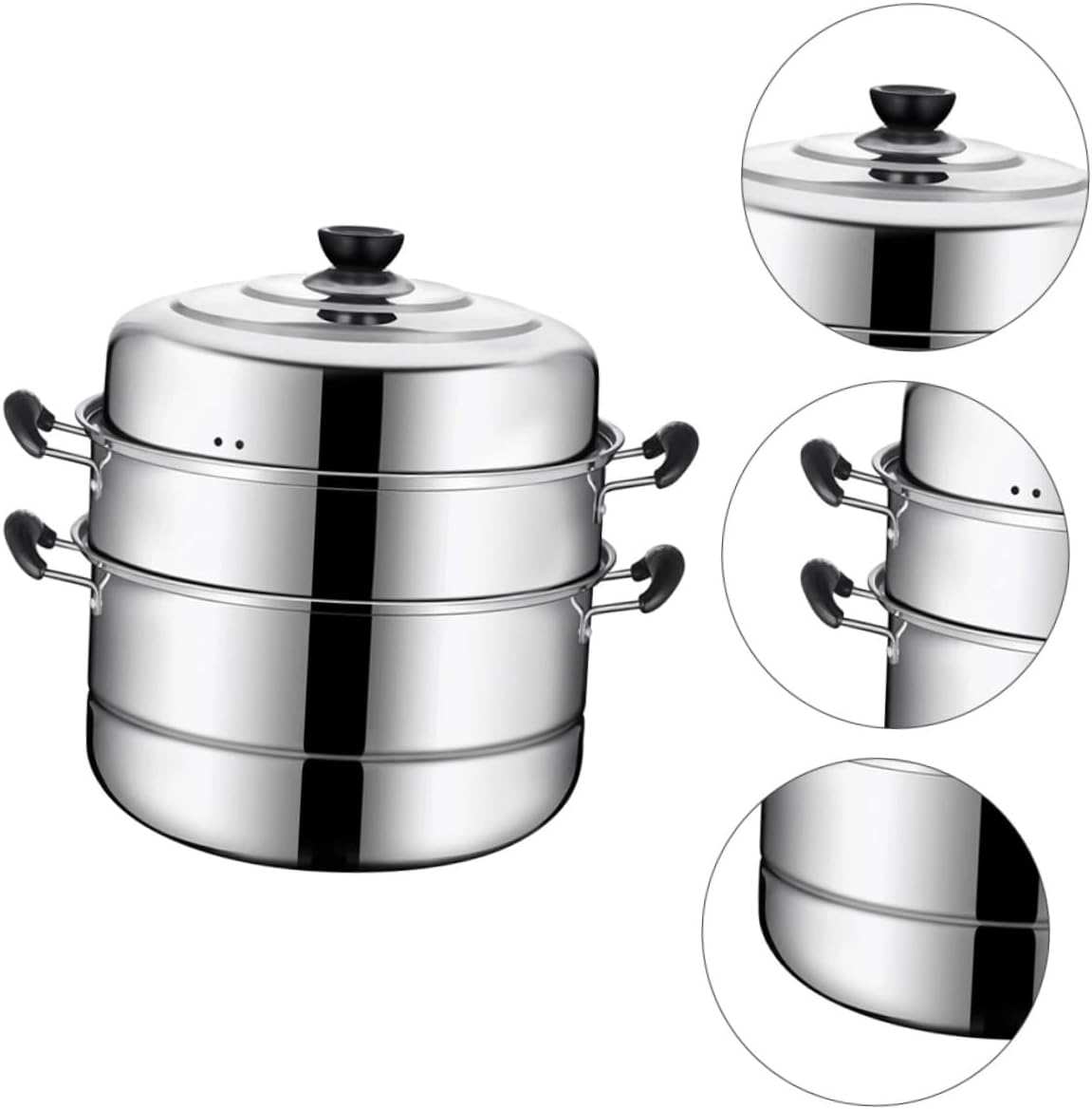 Stainless Steel Multi-Tier Steamer Stock Pot for Induction Cooking with Three Compartments Tray - Hot Steamer Pot for Casseroles and Teapots