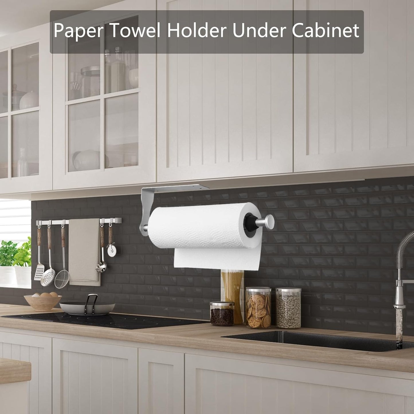 Stainless Steel Paper Towel Holder with Damping Function and 2 Hooks for Kitchen - Easy Tear Under Cabinet/Wall Mount - Brushed Nickel Finish