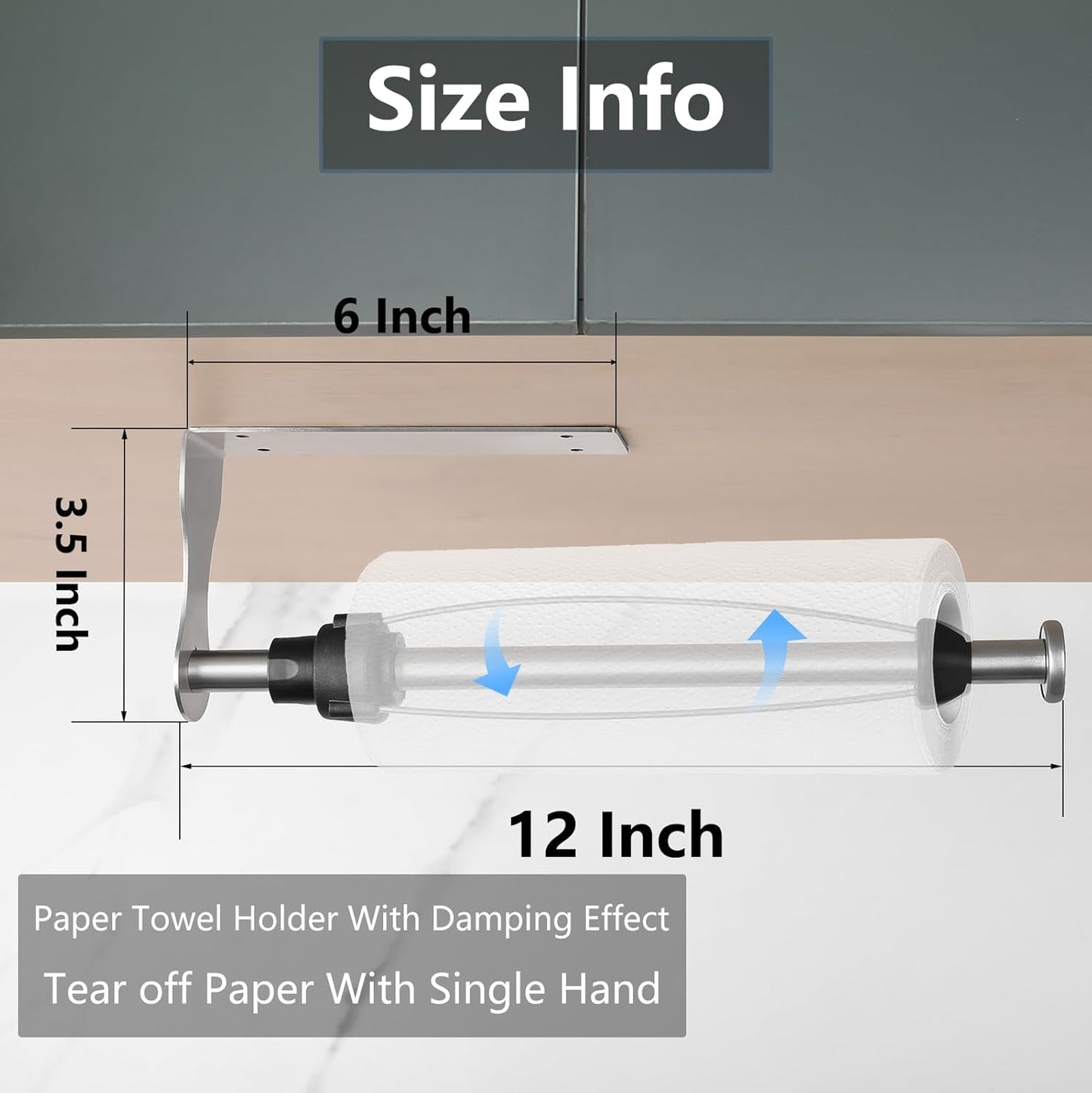 Stainless Steel Paper Towel Holder with Damping Function and 2 Hooks for Kitchen - Easy Tear Under Cabinet/Wall Mount - Brushed Nickel Finish