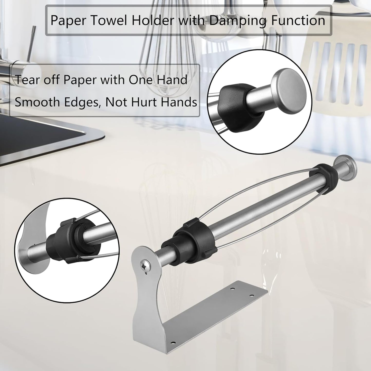 Stainless Steel Paper Towel Holder with Damping Function and 2 Hooks for Kitchen - Easy Tear Under Cabinet/Wall Mount - Brushed Nickel Finish