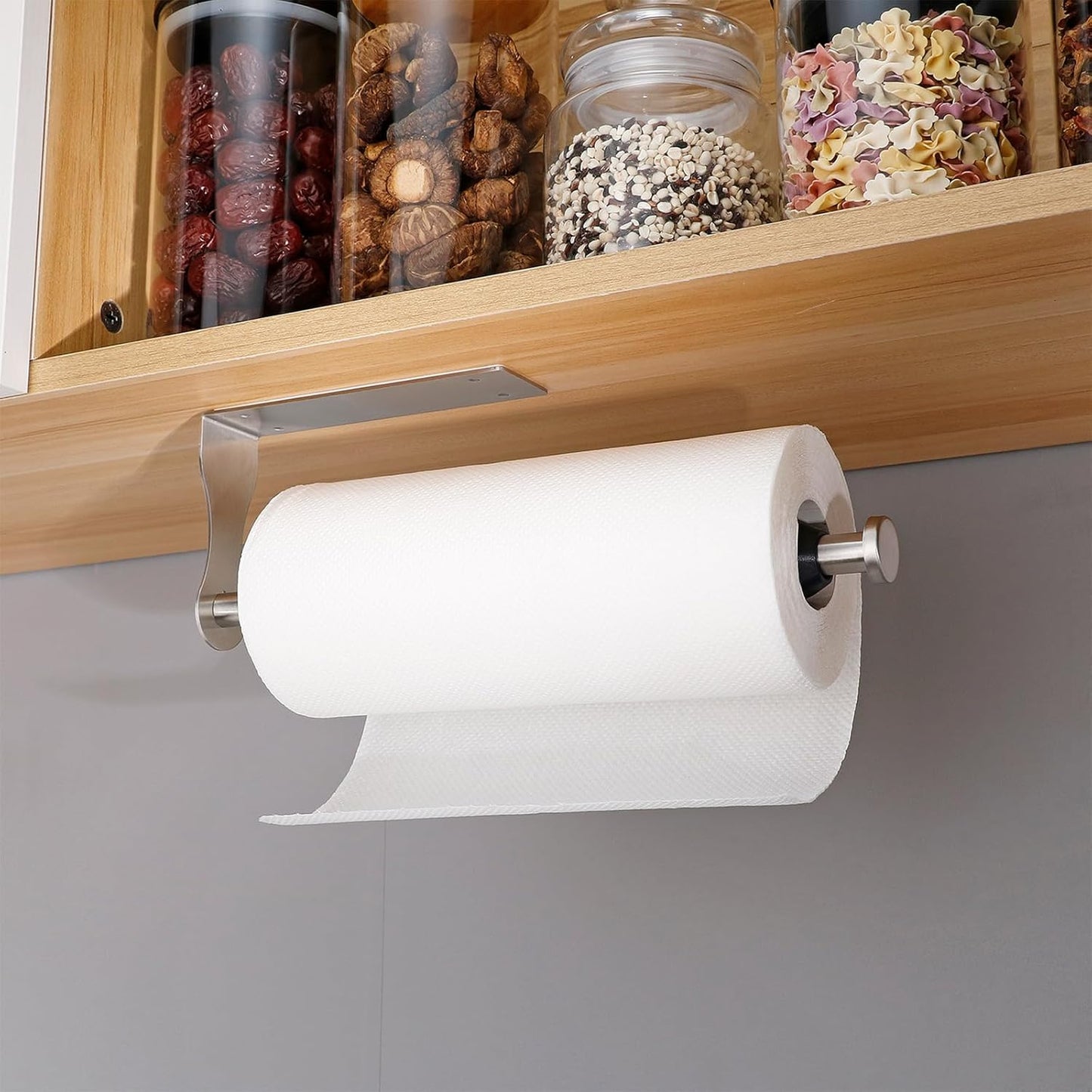 Stainless Steel Paper Towel Holder with Damping Function and 2 Hooks for Kitchen - Easy Tear Under Cabinet/Wall Mount - Brushed Nickel Finish