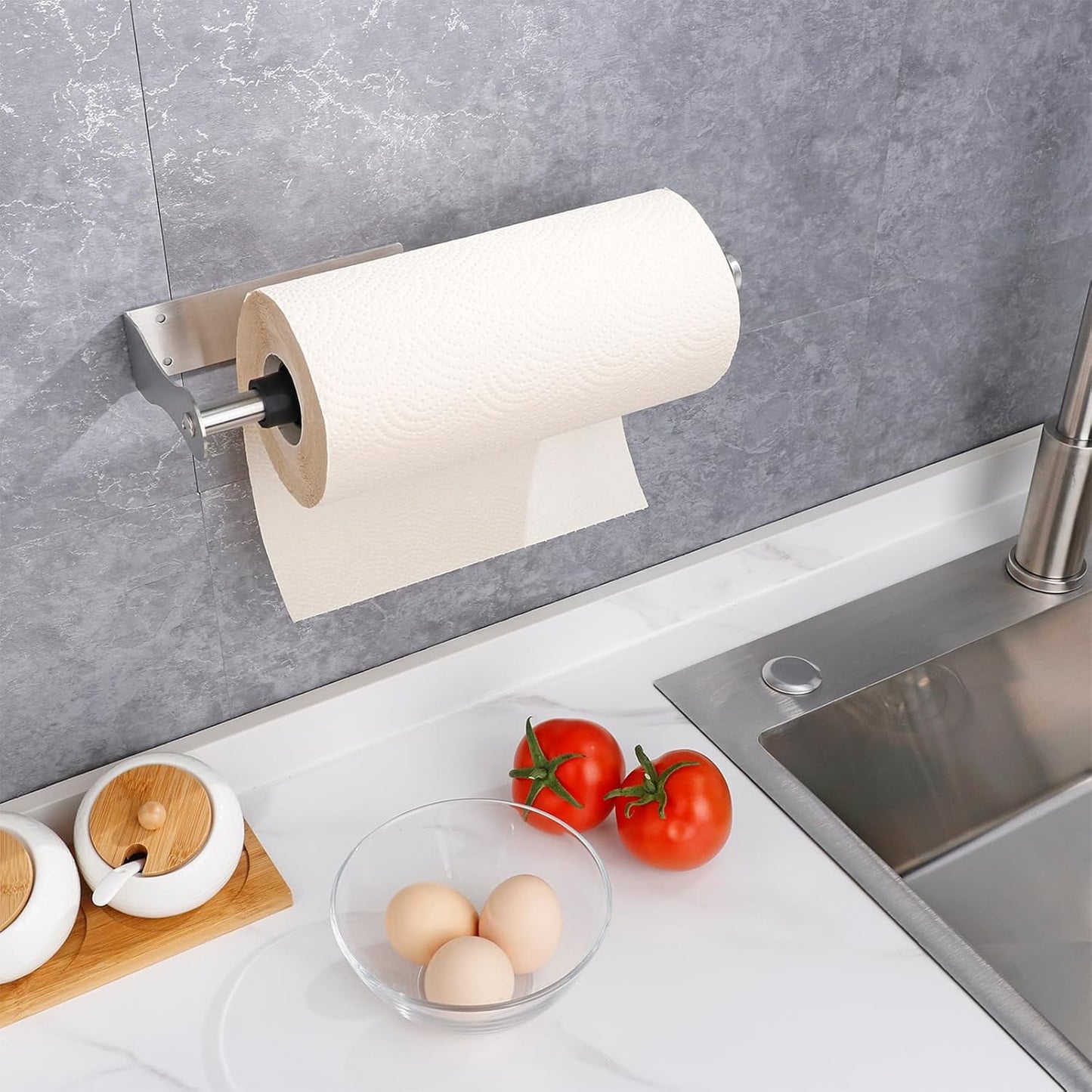 Stainless Steel Paper Towel Holder with Damping Function and 2 Hooks for Kitchen - Easy Tear Under Cabinet/Wall Mount - Brushed Nickel Finish