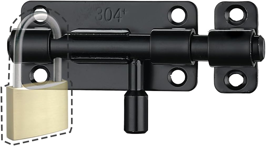 Stainless Steel Sliding Gate Latch Lock Barrel Bolt with Padlock Hole, Black Finish, 2 Pack - Heavy Duty Security Slide Latch